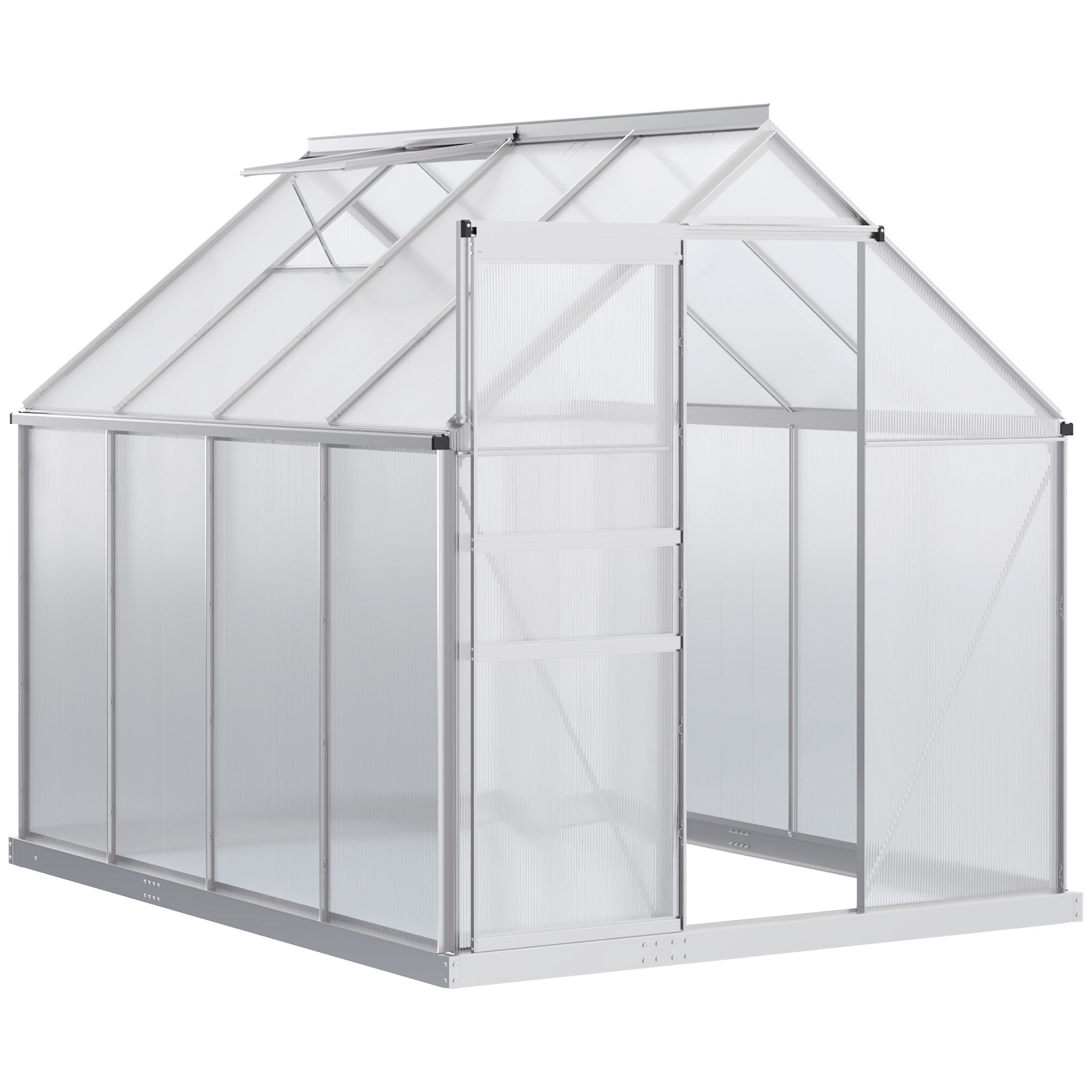 Outsunny Invernadero Policarbonato Aluminio de Jardín 190x253x199 cm 4,8m² Caseta de Exterior con Base Puerta Corredera y Tragaluce para Cultivo Plantas Semillas Transparente