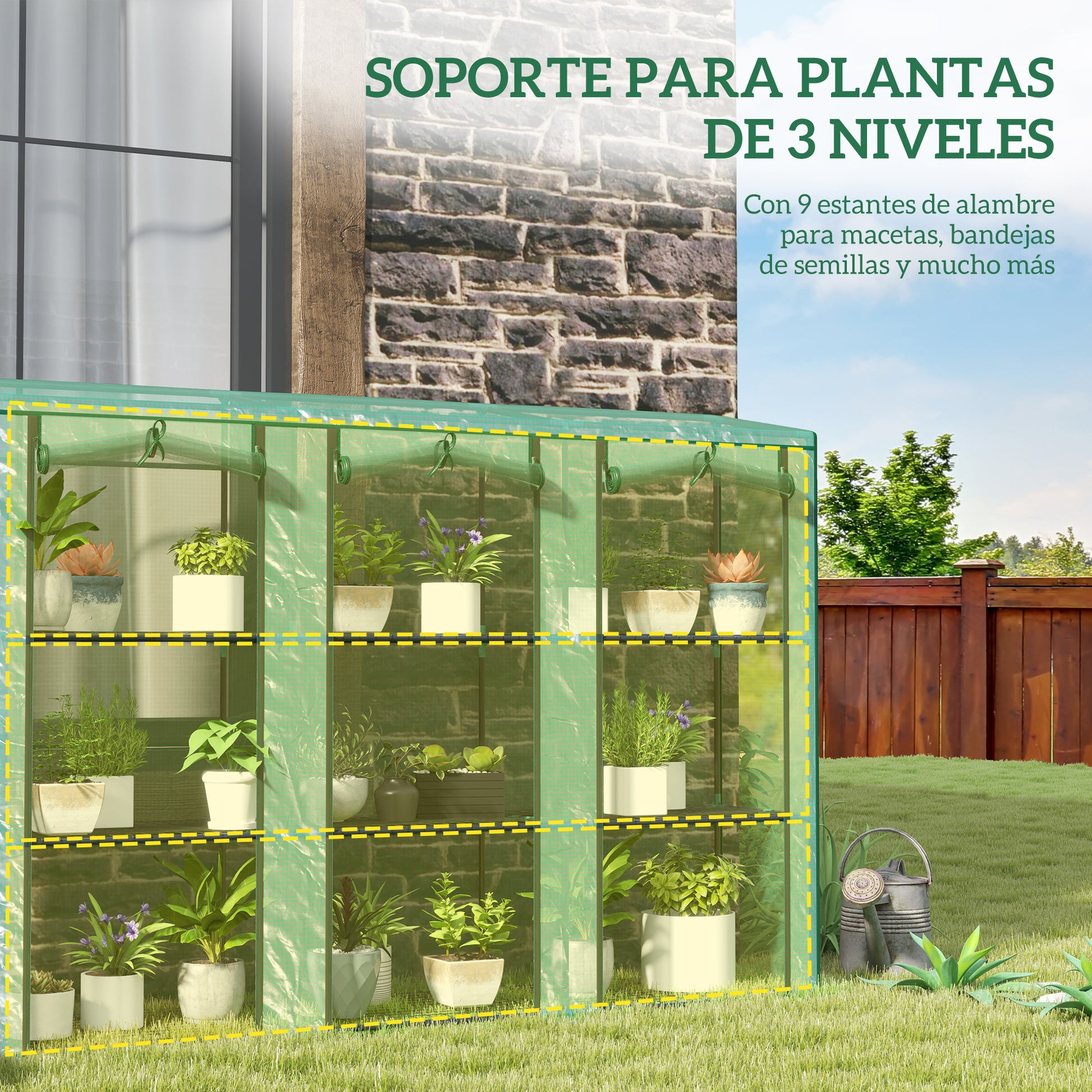 Outsunny Invernadero de Exterior de 3 Niveles Invernadero de Jardín con 9 Estantes Puerta Enrollable con Cremallera Marco de Acero Cubierta de PE 140g/m² Anti-UV para Terraza 215x46x151cm Verde
