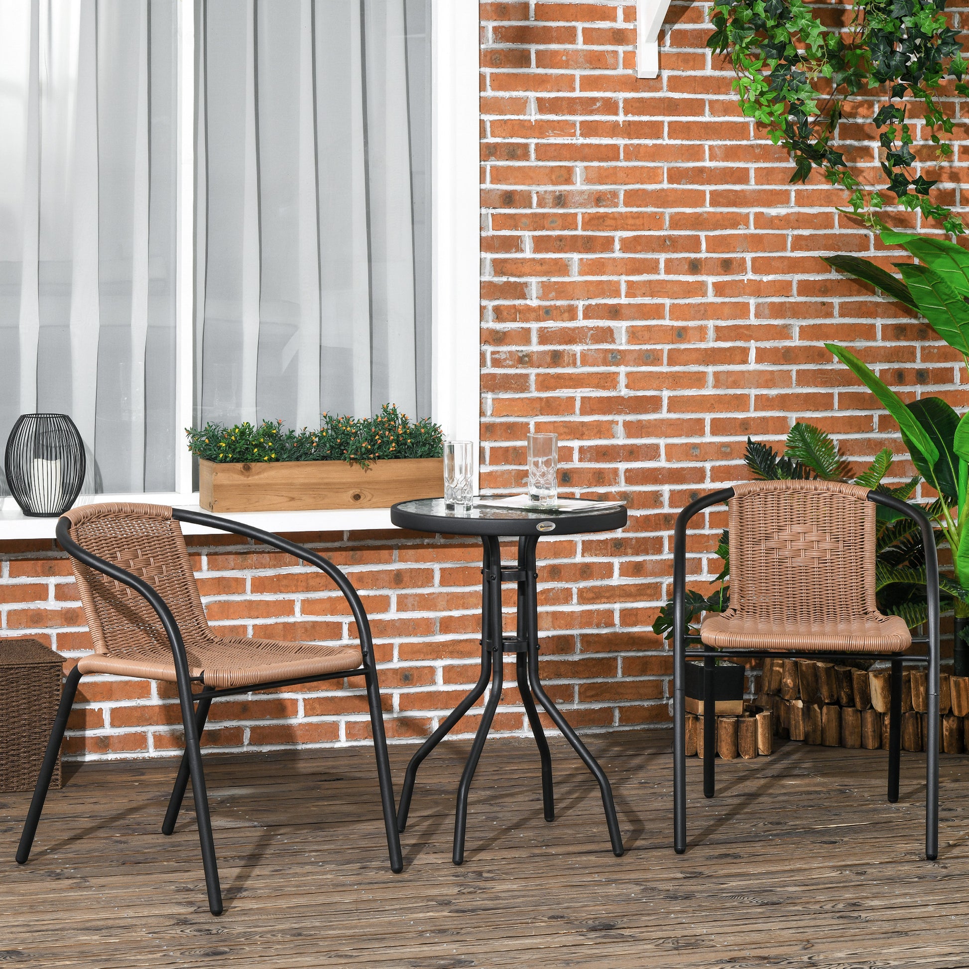 Outsunny Conjunto de Muebles de Jardín Juego de 3 Piezas Sillas y Mesa de Ratán con 2 Sillas Apilables y 1 Mesa de Centro Redonda para Terraza Césped Balcón Marrón