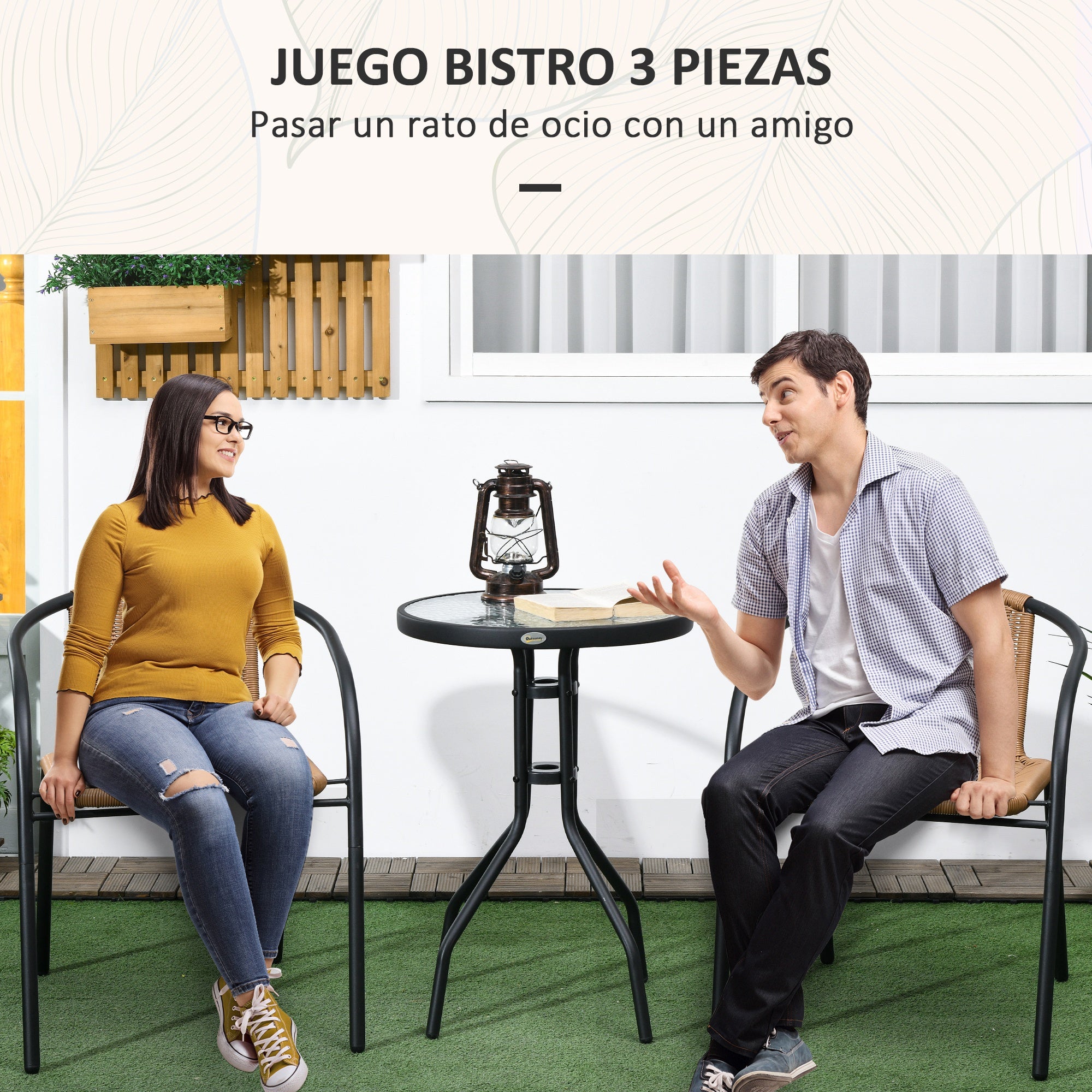 Outsunny Conjunto de Muebles de Jardín Juego de 3 Piezas Sillas y Mesa de Ratán con 2 Sillas Apilables y 1 Mesa de Centro Redonda para Terraza Césped Balcón Marrón