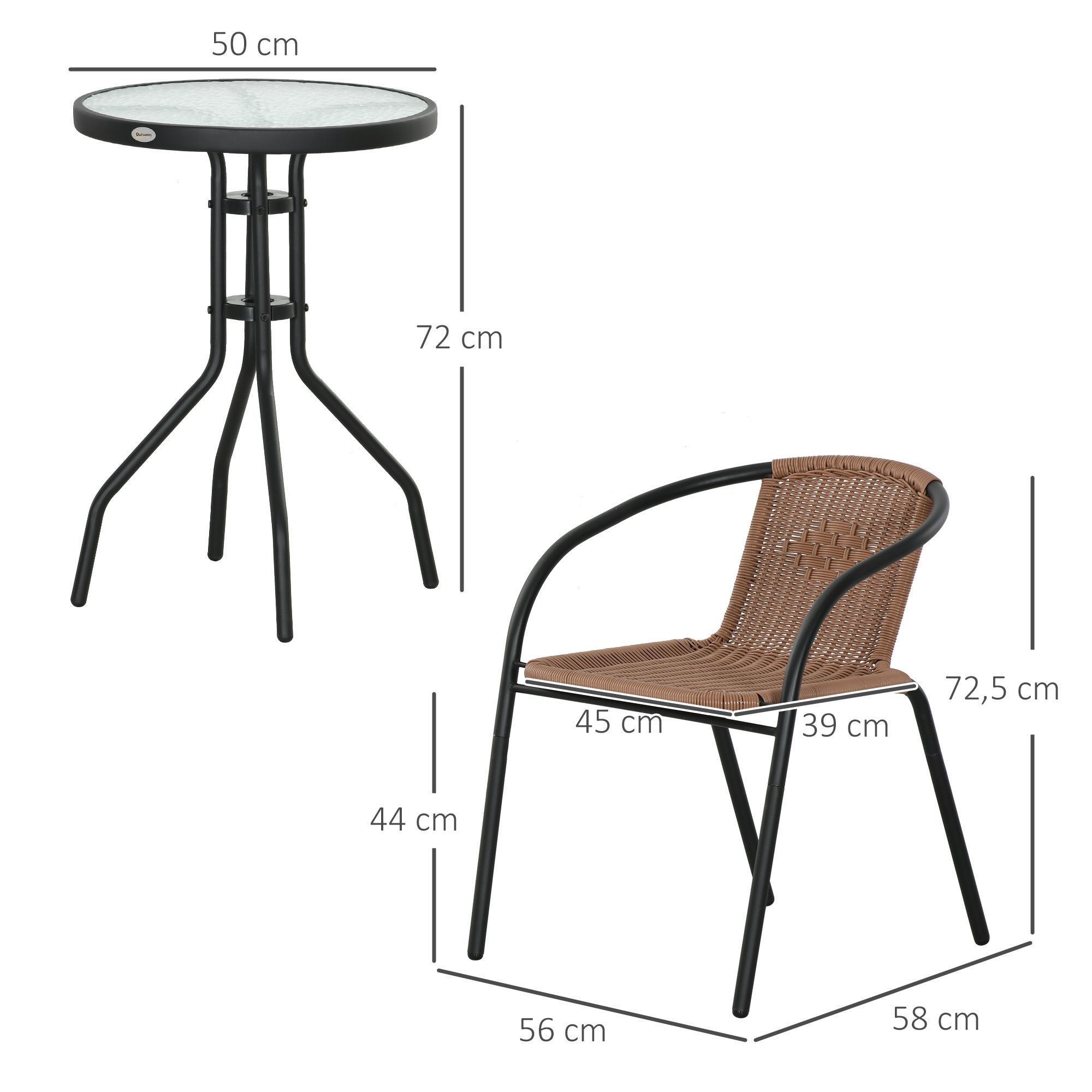 Outsunny Conjunto de Muebles de Jardín Juego de 3 Piezas Sillas y Mesa de Ratán con 2 Sillas Apilables y 1 Mesa de Centro Redonda para Terraza Césped Balcón Marrón