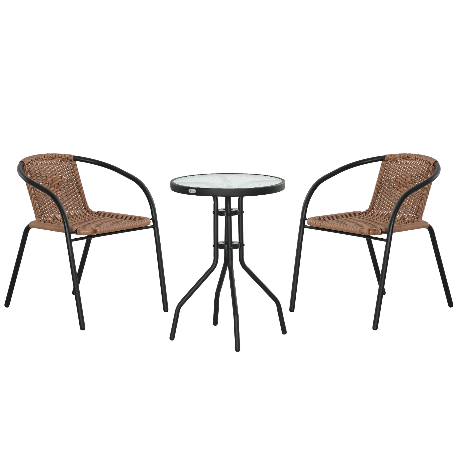Outsunny Conjunto de Muebles de Jardín Juego de 3 Piezas Sillas y Mesa de Ratán con 2 Sillas Apilables y 1 Mesa de Centro Redonda para Terraza Césped Balcón Marrón