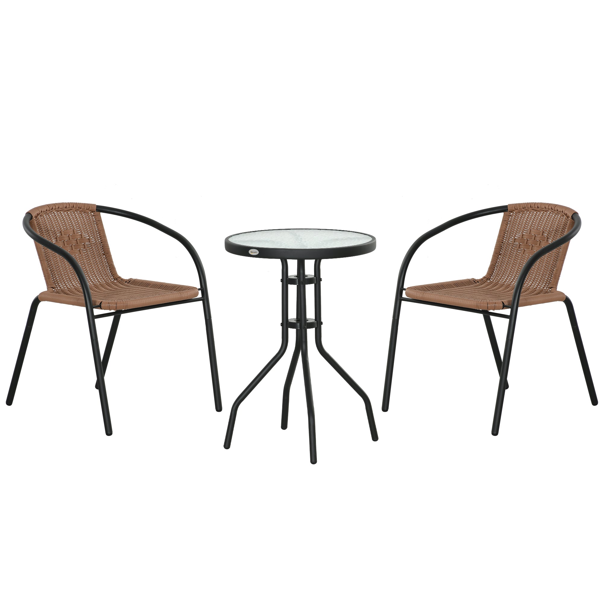 Outsunny Conjunto de Muebles de Jardín Juego de 3 Piezas Sillas y Mesa de Ratán con 2 Sillas Apilables y 1 Mesa de Centro Redonda para Terraza Césped Balcón Marrón