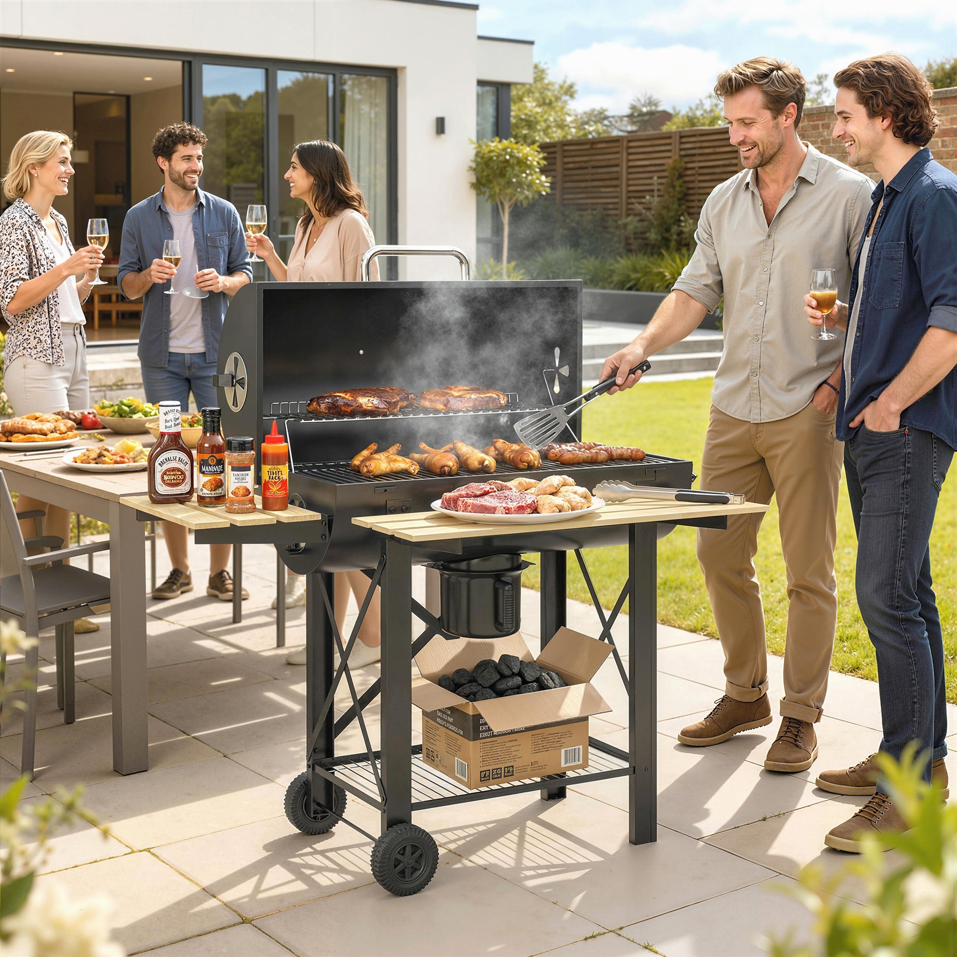 Outsunny Barbacoa de Carbón Portátil, Barbacoa de Carbón Móvil con Estantes Plegables, Termómetro, Tapa, Ventilaciones Ajustables, Recoge Cenizas, Ruedas, Asa, 109x71x98 cm, Negro y Madera Natural