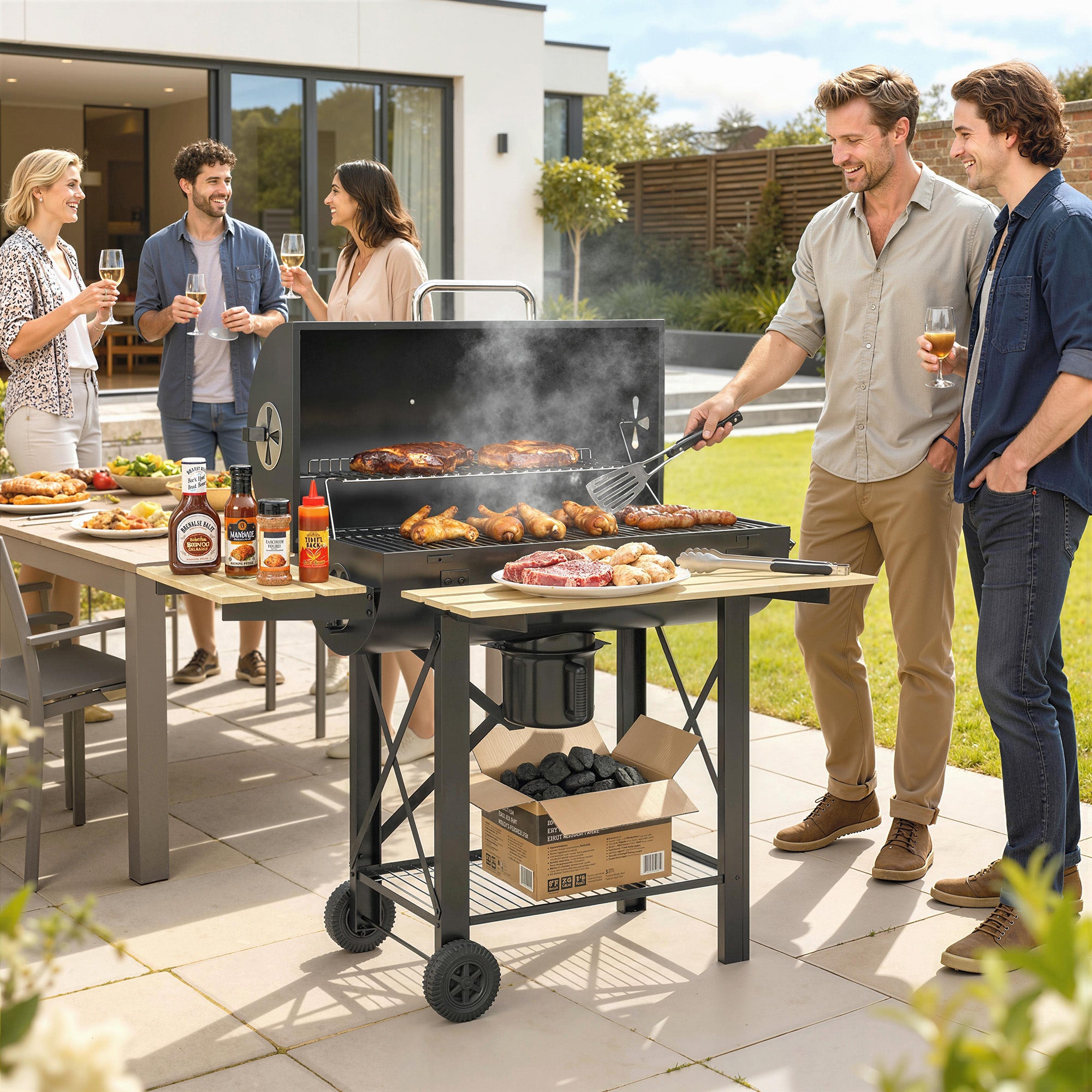 Outsunny Barbacoa de Carbón Portátil, Barbacoa de Carbón Móvil con Estantes Plegables, Termómetro, Tapa, Ventilaciones Ajustables, Recoge Cenizas, Ruedas, Asa, 109x71x98 cm, Negro y Madera Natural