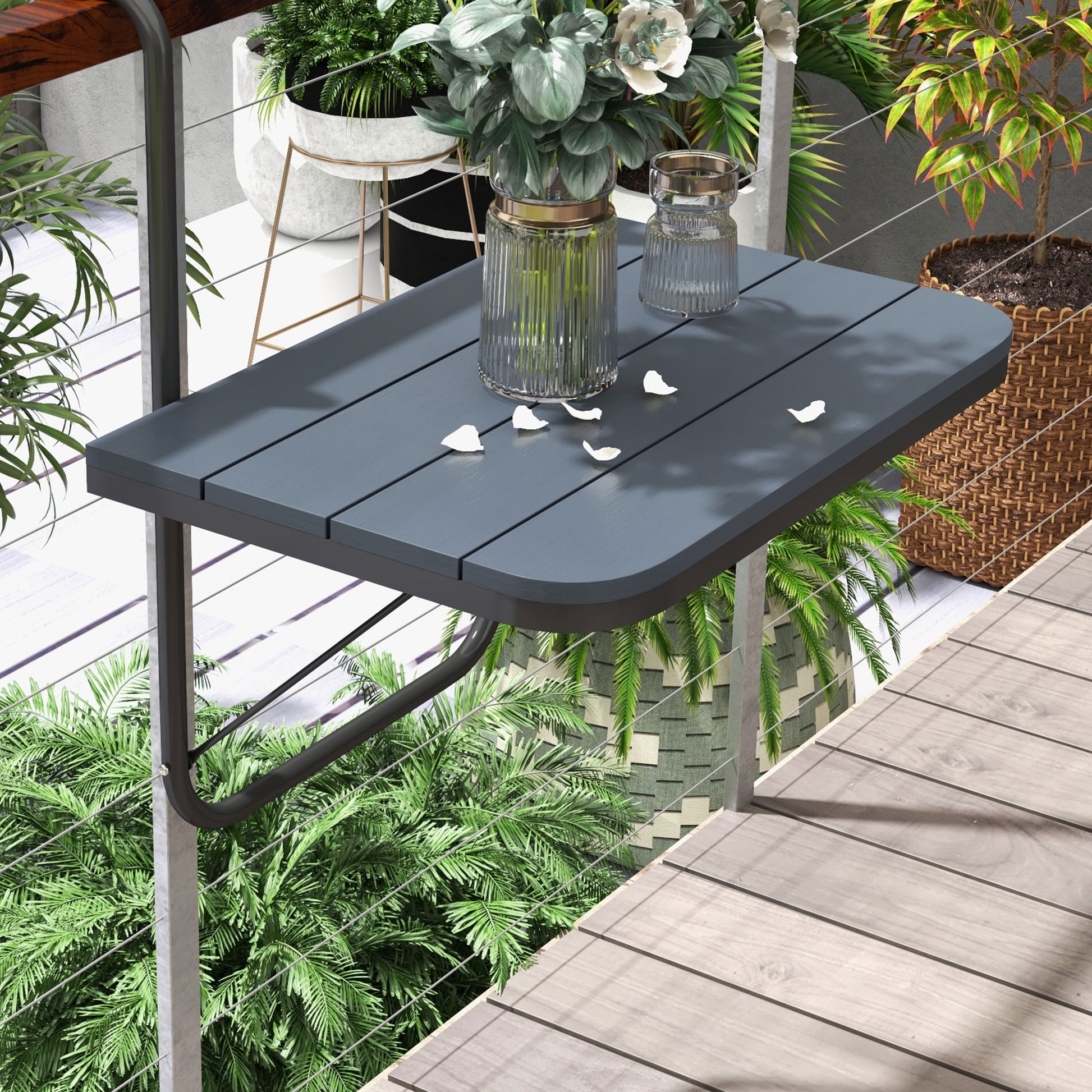 Outsunny Mesa Colgante de Balcón, Mesa Plegable para Balcón de Aluminio para Barandilla, con Altura Ajustable en 4 Niveles, Adaptable a 4 Anchos, Carga 25 kg, para Jardín, 60x40x55-64 cm, Negro