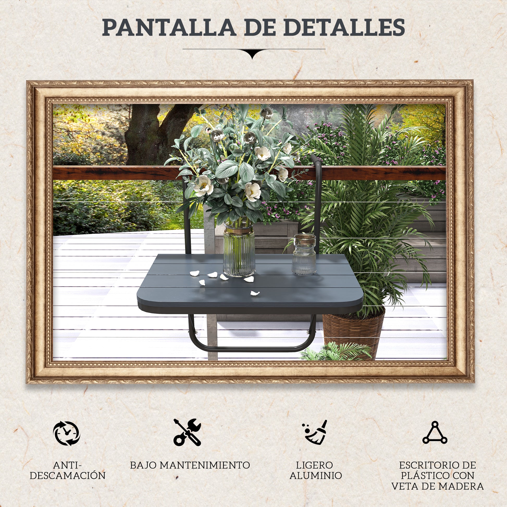 Outsunny Mesa Colgante de Balcón, Mesa Plegable para Balcón de Aluminio para Barandilla, con Altura Ajustable en 4 Niveles, Adaptable a 4 Anchos, Carga 25 kg, para Jardín, 60x40x55-64 cm, Negro