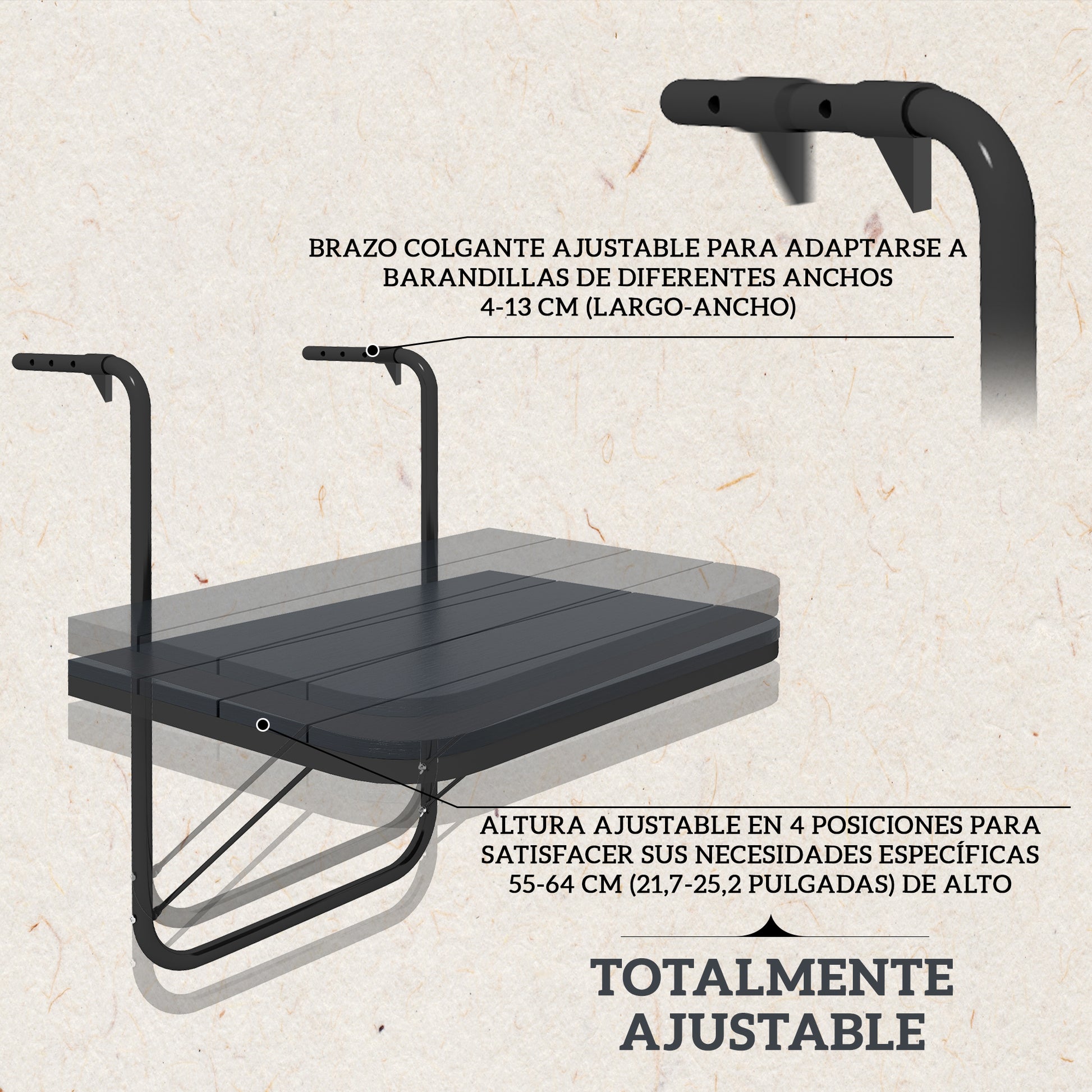 Outsunny Mesa Colgante de Balcón, Mesa Plegable para Balcón de Aluminio para Barandilla, con Altura Ajustable en 4 Niveles, Adaptable a 4 Anchos, Carga 25 kg, para Jardín, 60x40x55-64 cm, Negro