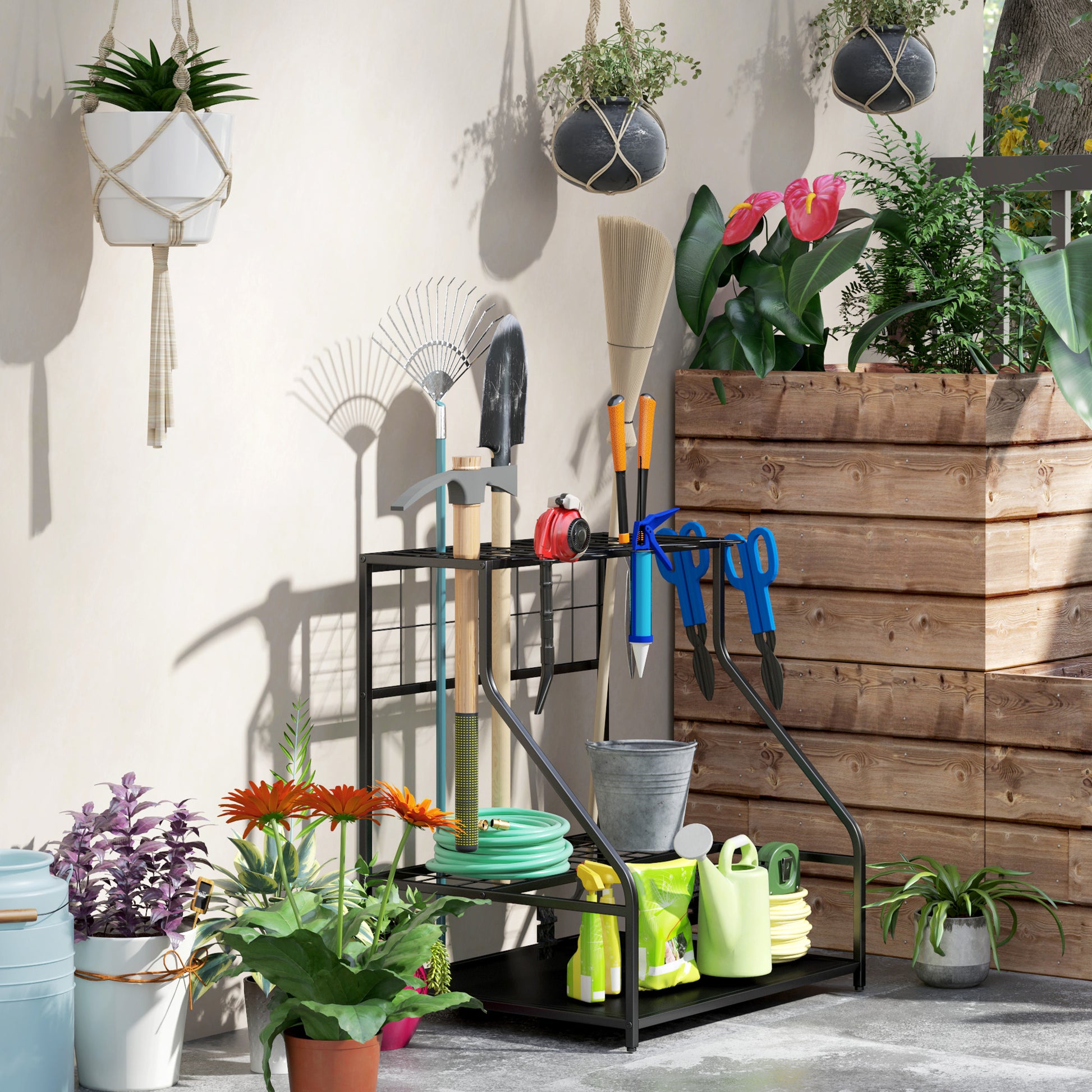 Outsunny Organizador de Herramientas de Jardín, Estantería de Almacenamiento de 3 Niveles para Garaje con Ganchos, para Palas, Rastrillos, Escobas, Soporte de Metal