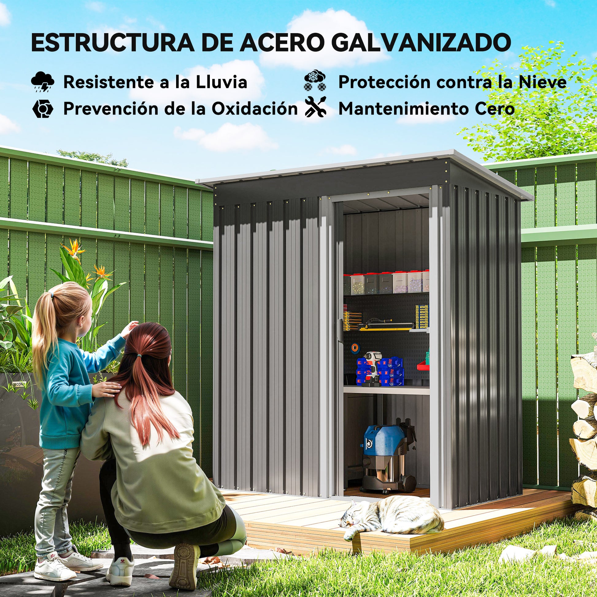 Outsunny Caseta de Jardín Exterior, 1,16 m², 163x89x182 cm, Cobertizo de Jardín Exterior Metálico con Puerta Corredera y Techo Inclinado, para Almacenamiento de Herramientas, Gris