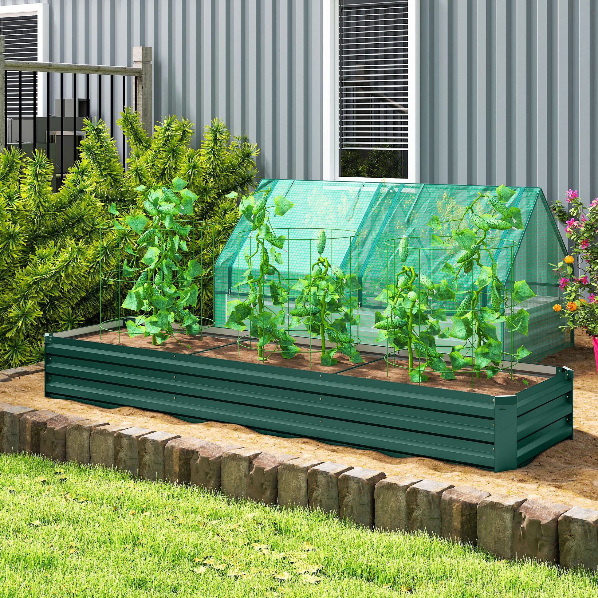 Outsunny Jardinera Exterior Grande Rectangular de Acero Galvanizado, Huerto Urbano para Cultivar Plantas Hierba, Macetero Grande Exterior con Base Abierta Resistente a la Intemperie 240x60x30 cm Verde