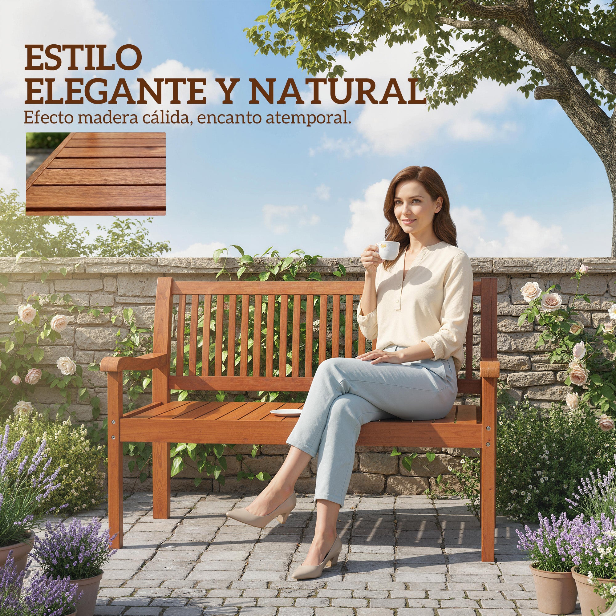 Outsunny Banco de Jardín de Madera, Banco de Exterior de 2 Plazas con Funda Impermeable, Respaldo Ergonómico, Reposabrazos, Carga 240 kg, para Patio, Terraza, 125x62x90 cm, Marrón Claro