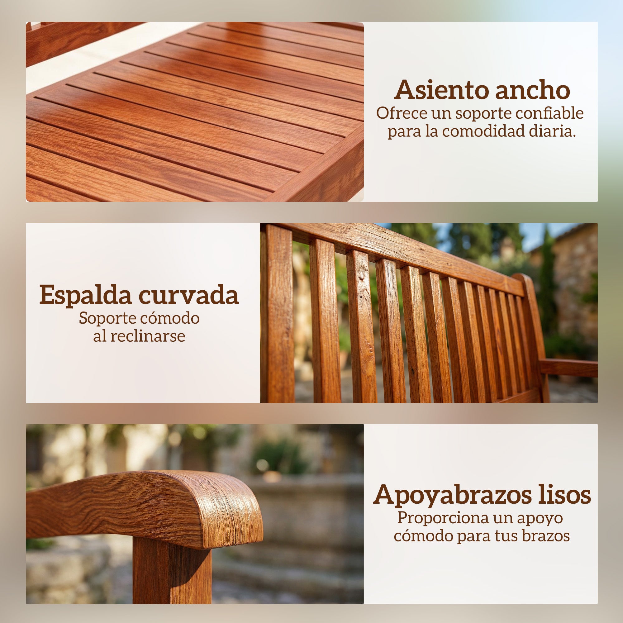 Outsunny Banco de Jardín de Madera, Banco de Exterior de 2 Plazas con Funda Impermeable, Respaldo Ergonómico, Reposabrazos, Carga 240 kg, para Patio, Terraza, 125x62x90 cm, Marrón Claro