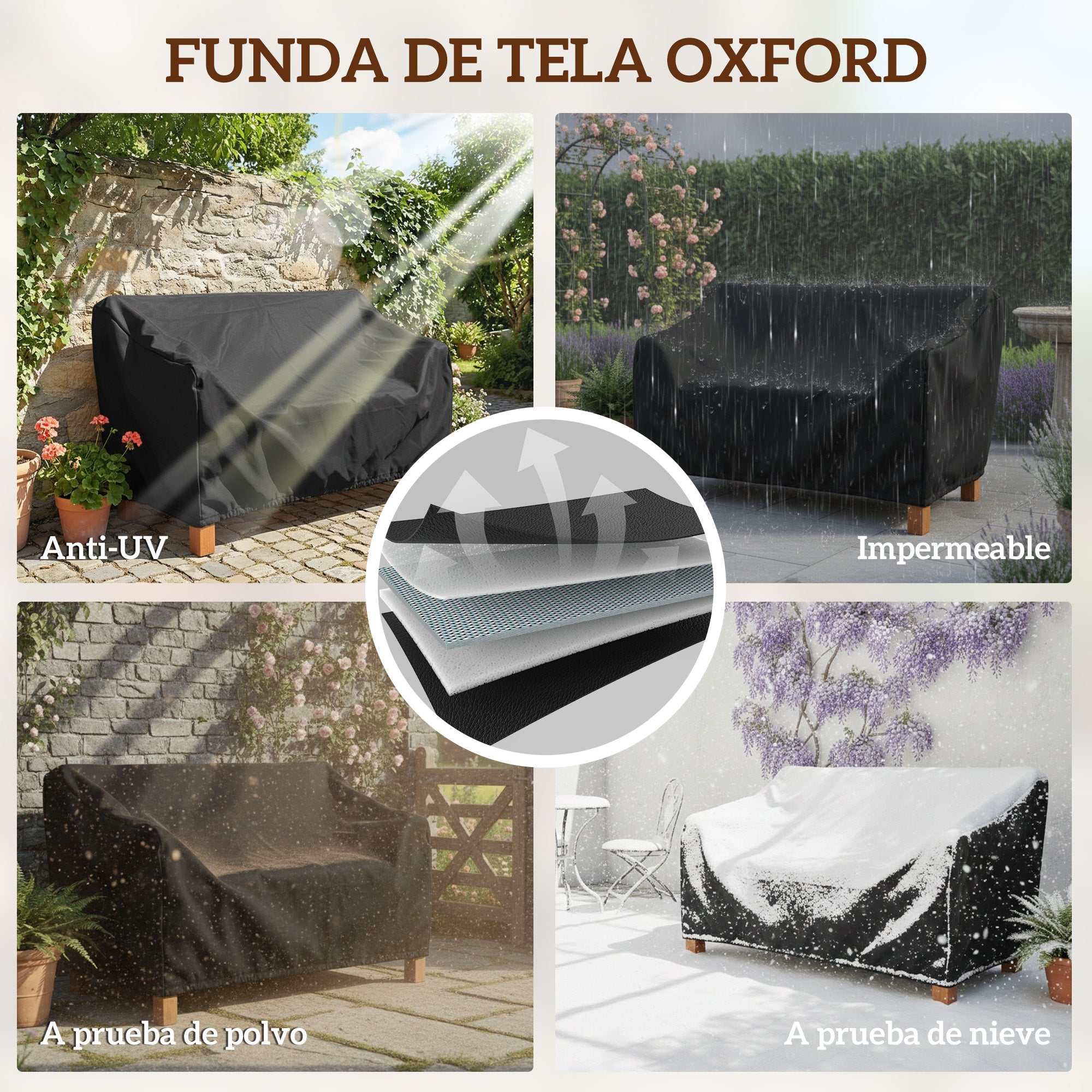 Outsunny Banco de Jardín de Madera, Banco de Exterior de 2 Plazas con Funda Impermeable, Respaldo Ergonómico, Reposabrazos, Carga 240 kg, para Patio, Terraza, 125x62x90 cm, Marrón Claro