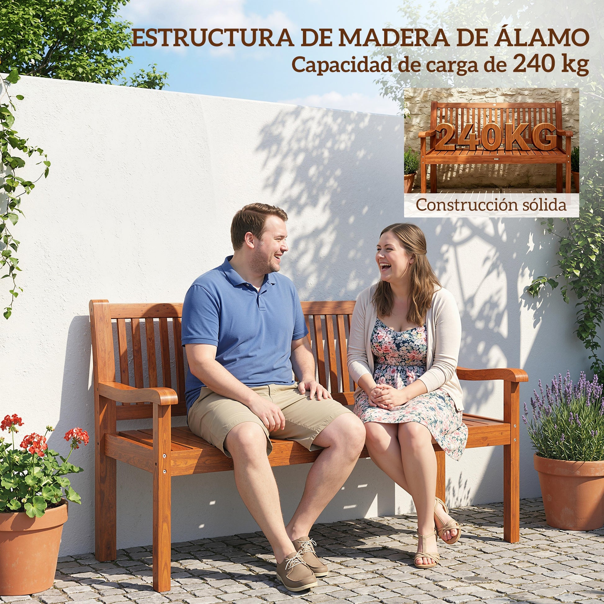Outsunny Banco de Jardín de Madera, Banco de Exterior de 2 Plazas con Funda Impermeable, Respaldo Ergonómico, Reposabrazos, Carga 240 kg, para Patio, Terraza, 125x62x90 cm, Marrón Claro