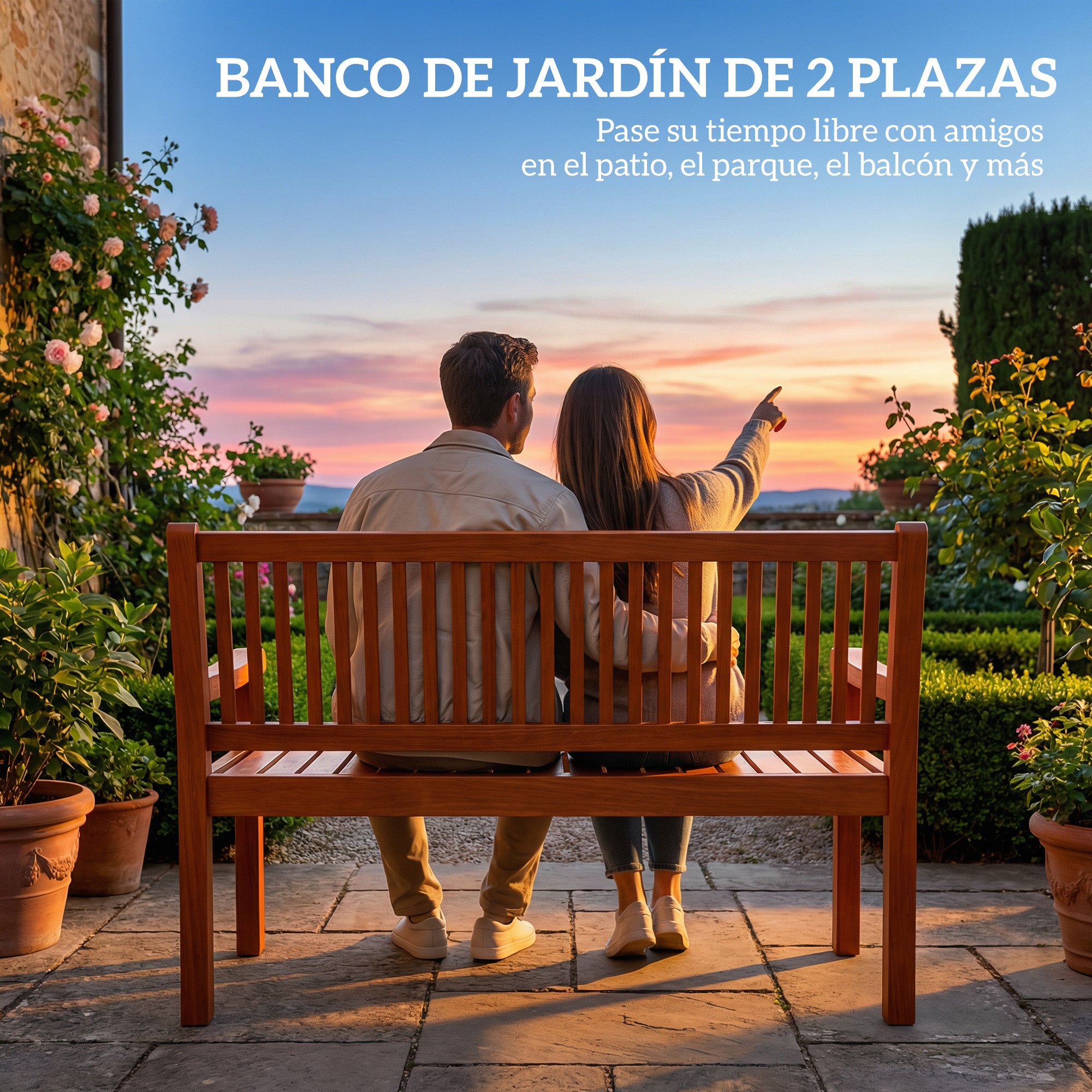 Outsunny Banco de Jardín de Madera, Banco de Exterior de 2 Plazas con Funda Impermeable, Respaldo Ergonómico, Reposabrazos, Carga 240 kg, para Patio, Terraza, 125x62x90 cm, Marrón Claro