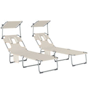Outsunny Set de 2 Tumbonas Jardín Exterior, Tumbonas Plegables con Reposacabezas, Dosel 360°, Orificio Facial, Bolsillo Lateral, Respaldo Reclinable 5 Posiciones y Textilene 550 g/m² para Playa, Beige