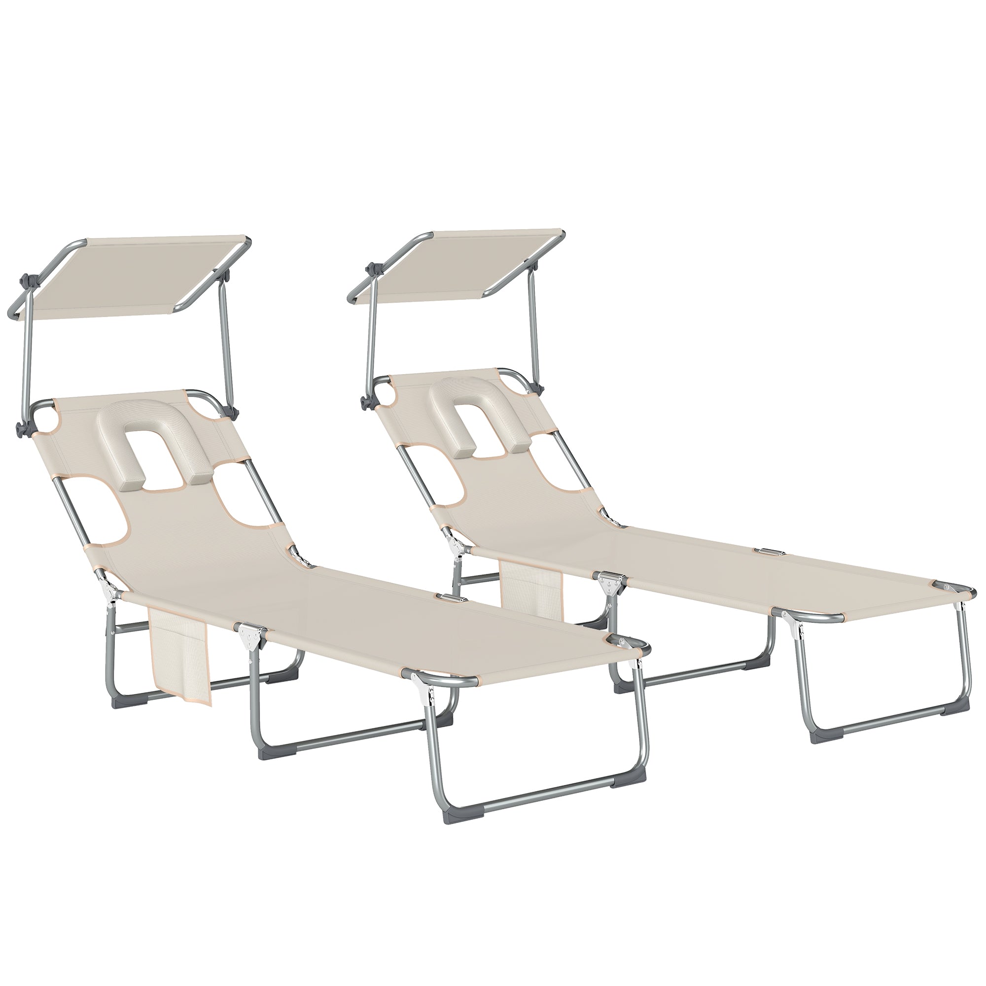 Outsunny Set de 2 Tumbonas Jardín Exterior, Tumbonas Plegables con Reposacabezas, Dosel 360°, Orificio Facial, Bolsillo Lateral, Respaldo Reclinable 5 Posiciones y Textilene 550 g/m² para Playa, Beige