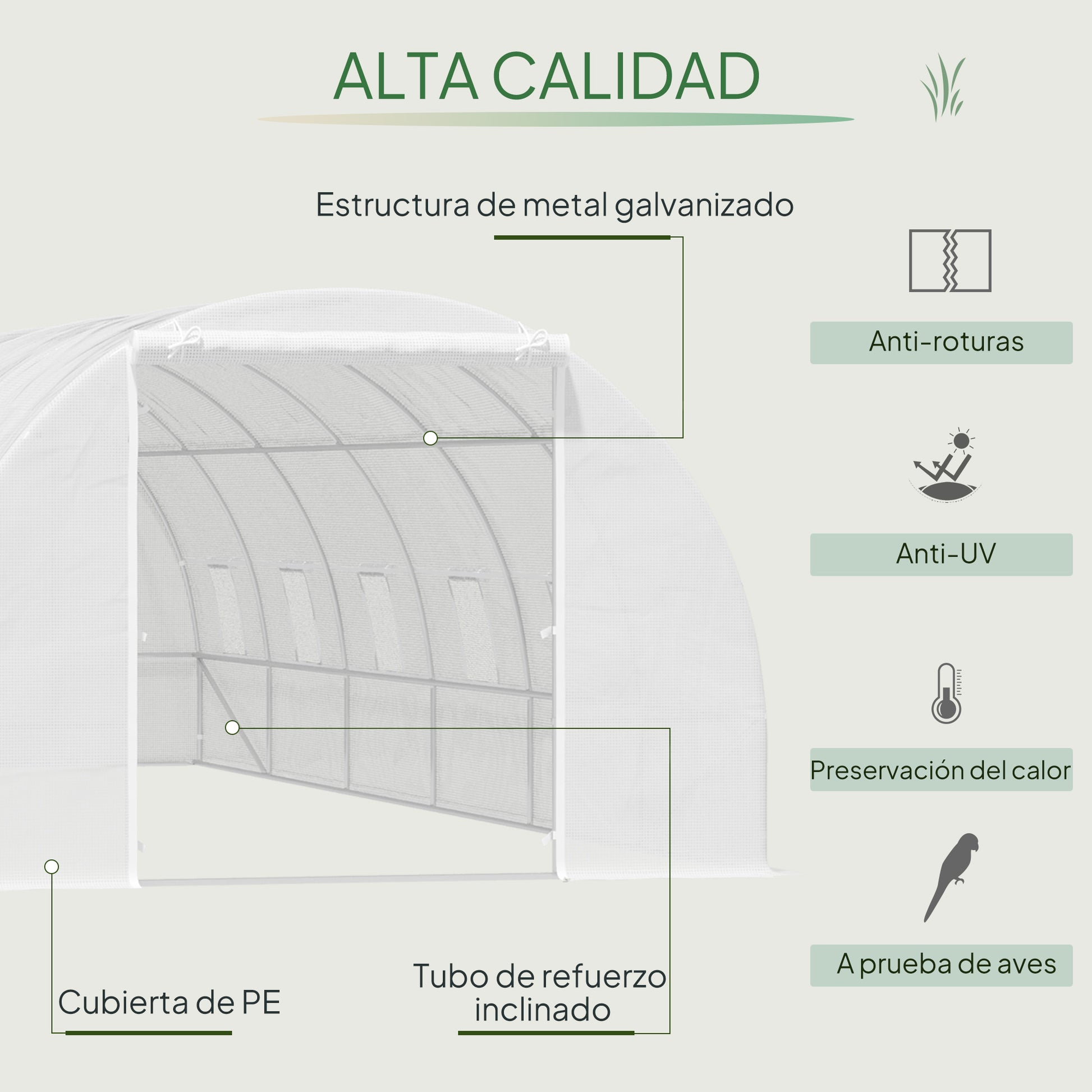 Outsunny Invernadero de Exterior Invernadero de Túnel 8x3x2 m Invernadero de Jardín con 12 Ventanas y Puerta Enrollable para Cultivo Plantas Tomates Verduras Acero y PE 140 g/m² Blanco