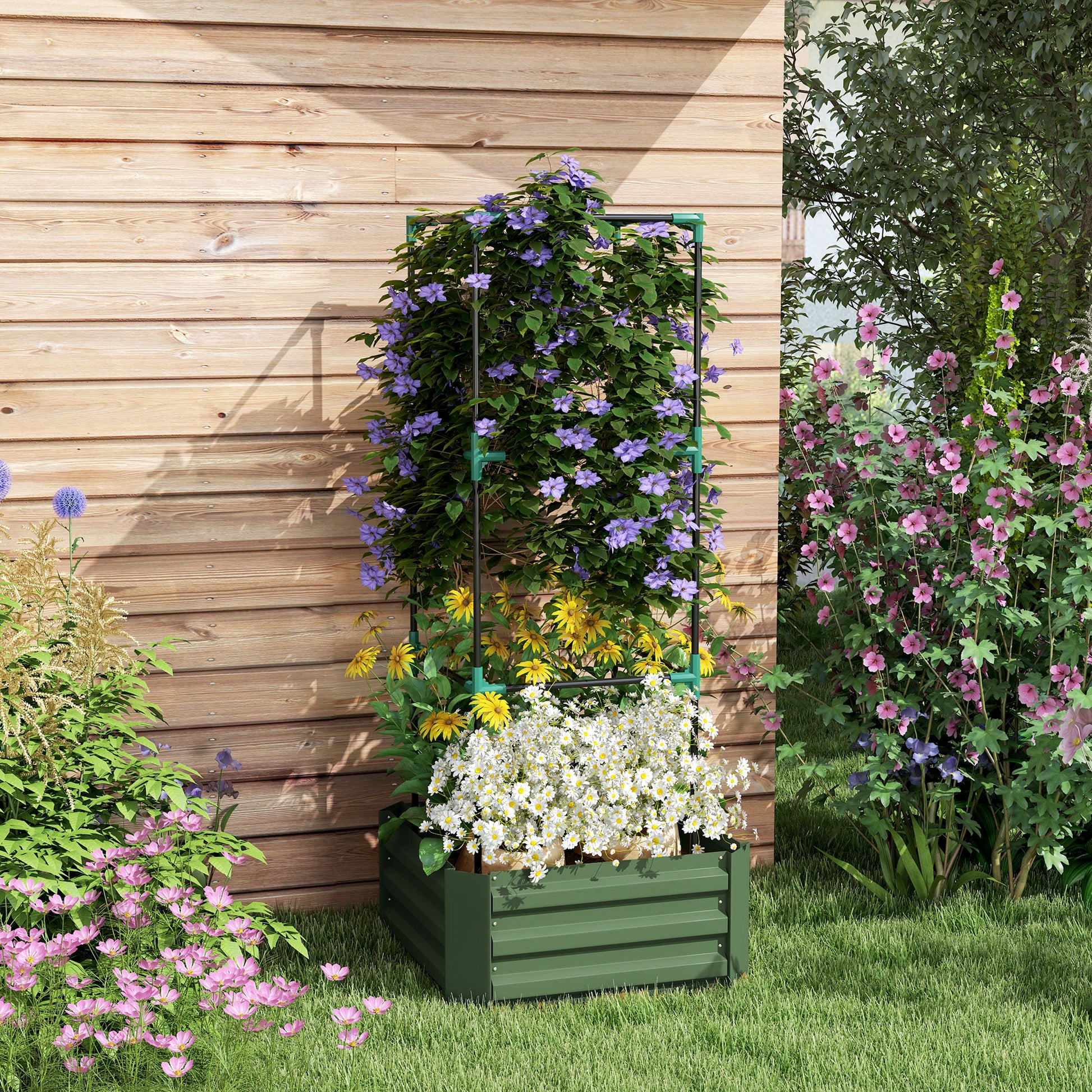 Outsunny Jardinera Exterior Grande de Acero Galvanizado Jardinera de Exterior con Celosía para Plantas Trepadoras y Fondo Abierto para Patio Terraza Balcón 61x61x140 cm Verde