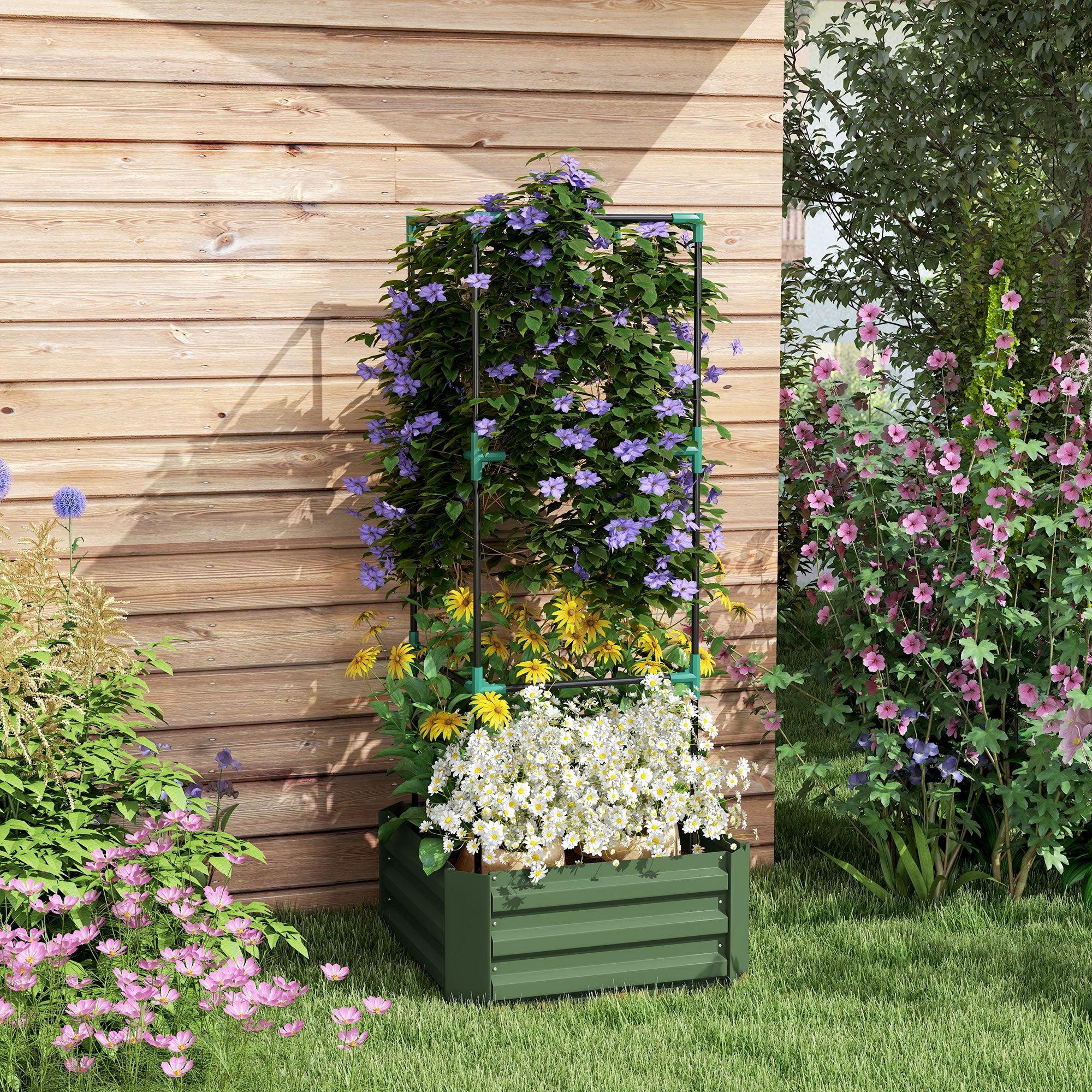Outsunny Jardinera Exterior Grande de Acero Galvanizado Jardinera de Exterior con Celosía para Plantas Trepadoras y Fondo Abierto para Patio Terraza Balcón 61x61x140 cm Verde