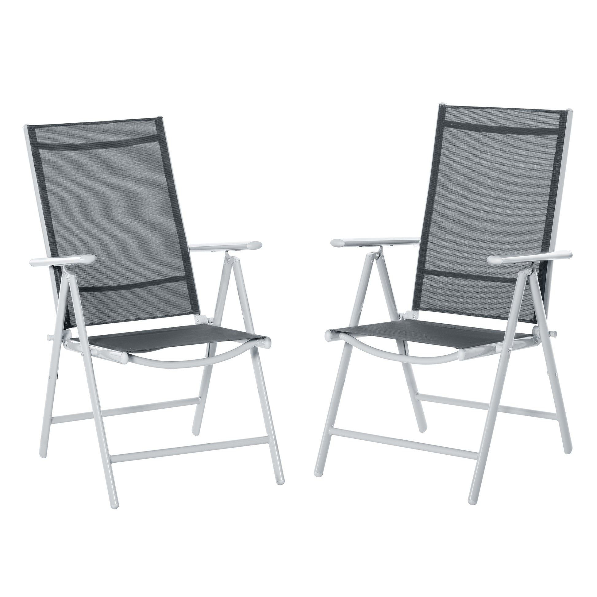 Outsunny Set de 2 Sillas de Comedor de Jardín Plegables de Aluminio con Respaldo Alto Ajustable de 7 Niveles y Reposabrazos Transpirable 65x55x107 cm Gris