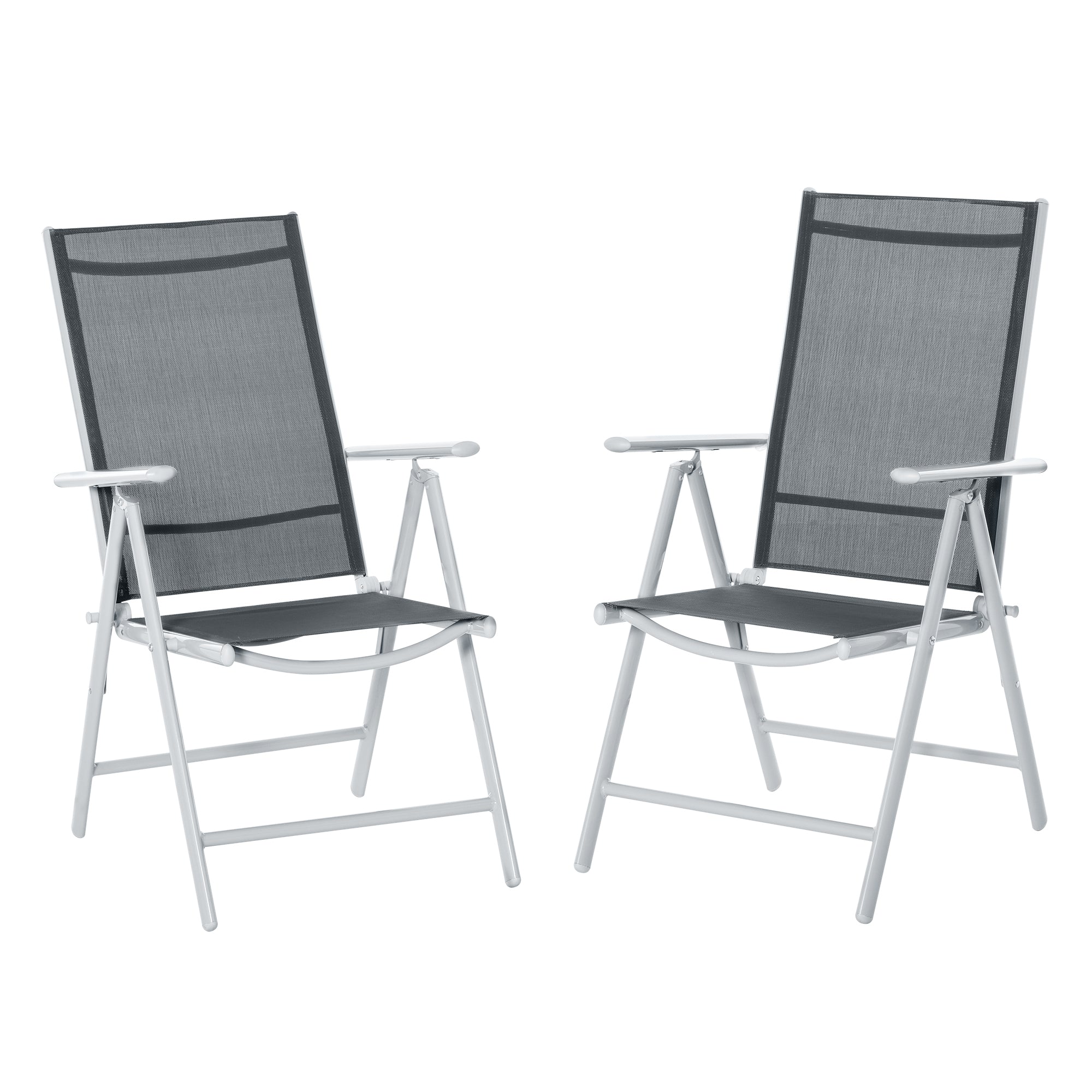 Outsunny Set de 2 Sillas de Comedor de Jardín Plegables de Aluminio con Respaldo Alto Ajustable de 7 Niveles y Reposabrazos Transpirable 65x55x107 cm Gris