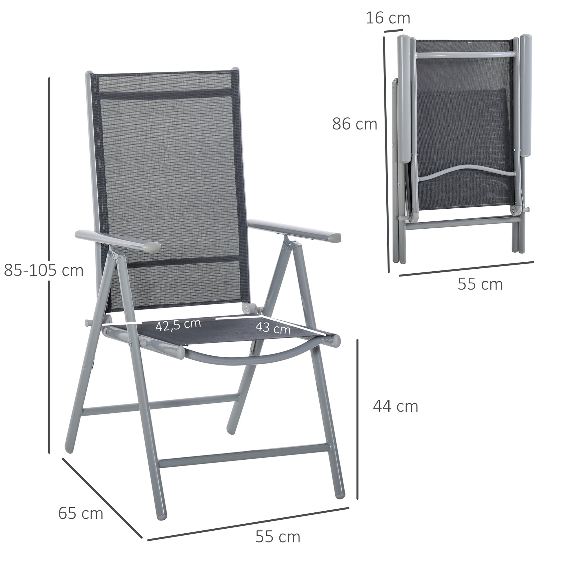 Outsunny Set de 2 Sillas de Comedor de Jardín Plegables de Aluminio con Respaldo Alto Ajustable de 7 Niveles y Reposabrazos Transpirable 65x55x107 cm Gris
