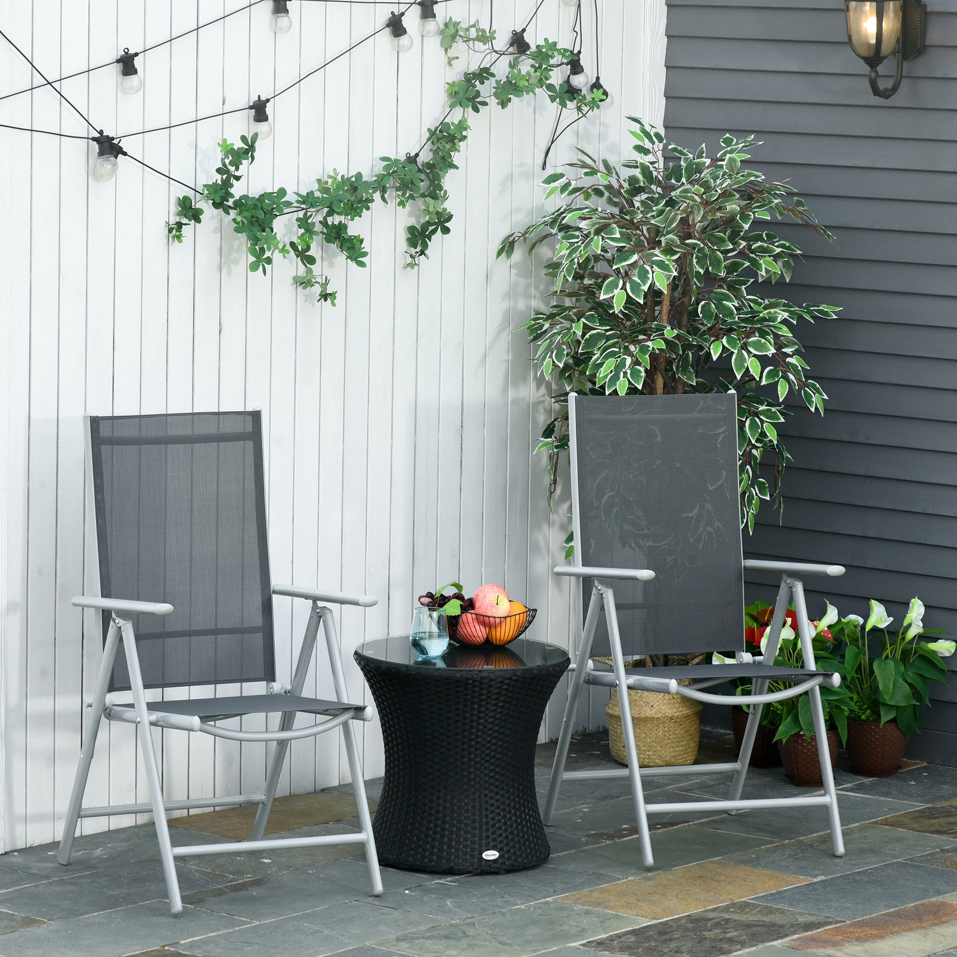 Outsunny Set de 2 Sillas de Comedor de Jardín Plegables de Aluminio con Respaldo Alto Ajustable de 7 Niveles y Reposabrazos Transpirable 65x55x107 cm Gris