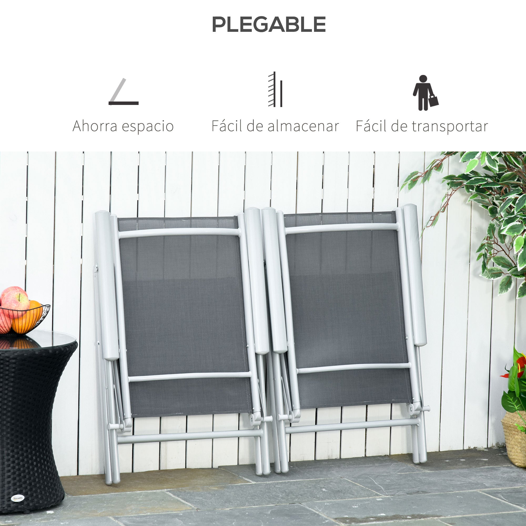 Outsunny Set de 2 Sillas de Comedor de Jardín Plegables de Aluminio con Respaldo Alto Ajustable de 7 Niveles y Reposabrazos Transpirable 65x55x107 cm Gris