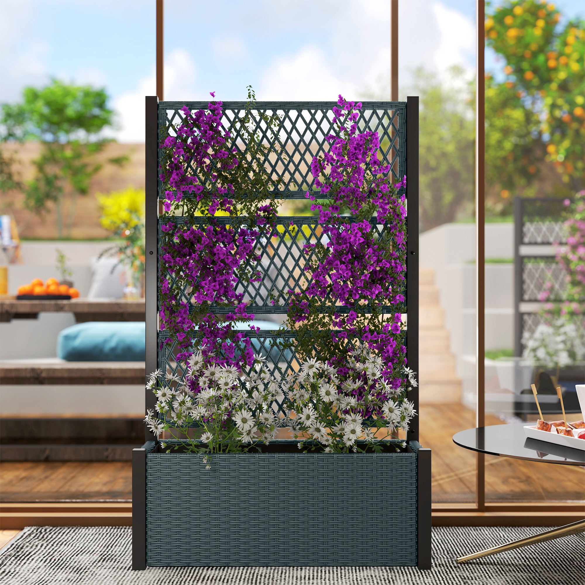 Outsunny Jardinera con Enrejado de Ratán, Jardinera Exterior Grande para Plantas Trepadoras, Maceta con Forro, para Jardín, Patio, Terraza, 90x35x148 cm, Gris Oscuro