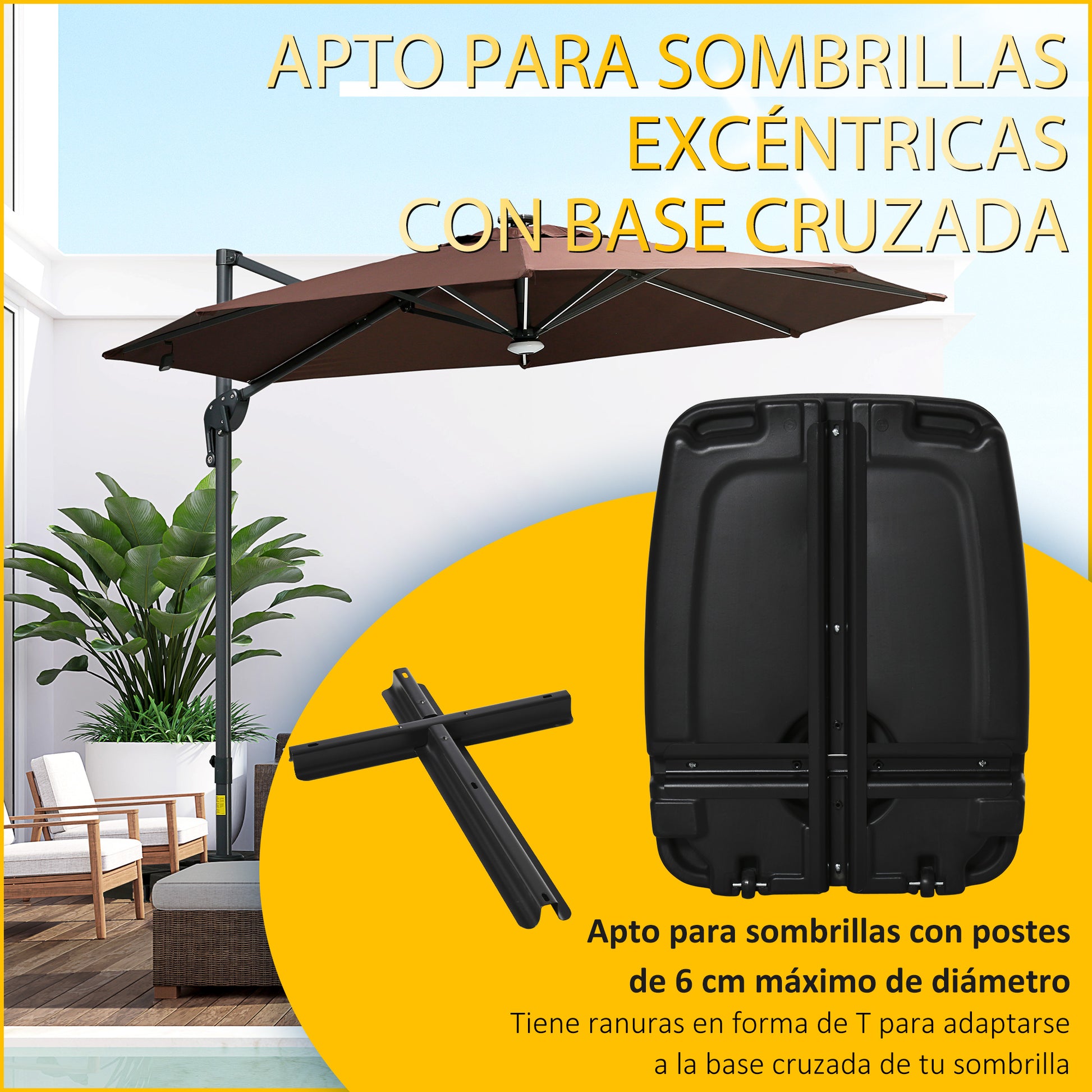 Outsunny Base de Sombrilla con 2 Ruedas Rellenable de Agua 60 kg Arena 68 kg o Mixto 75 kg Soporte de Parasol para Base Cruzada para Jardín Patio Terraza 80x60x17 cm Negro