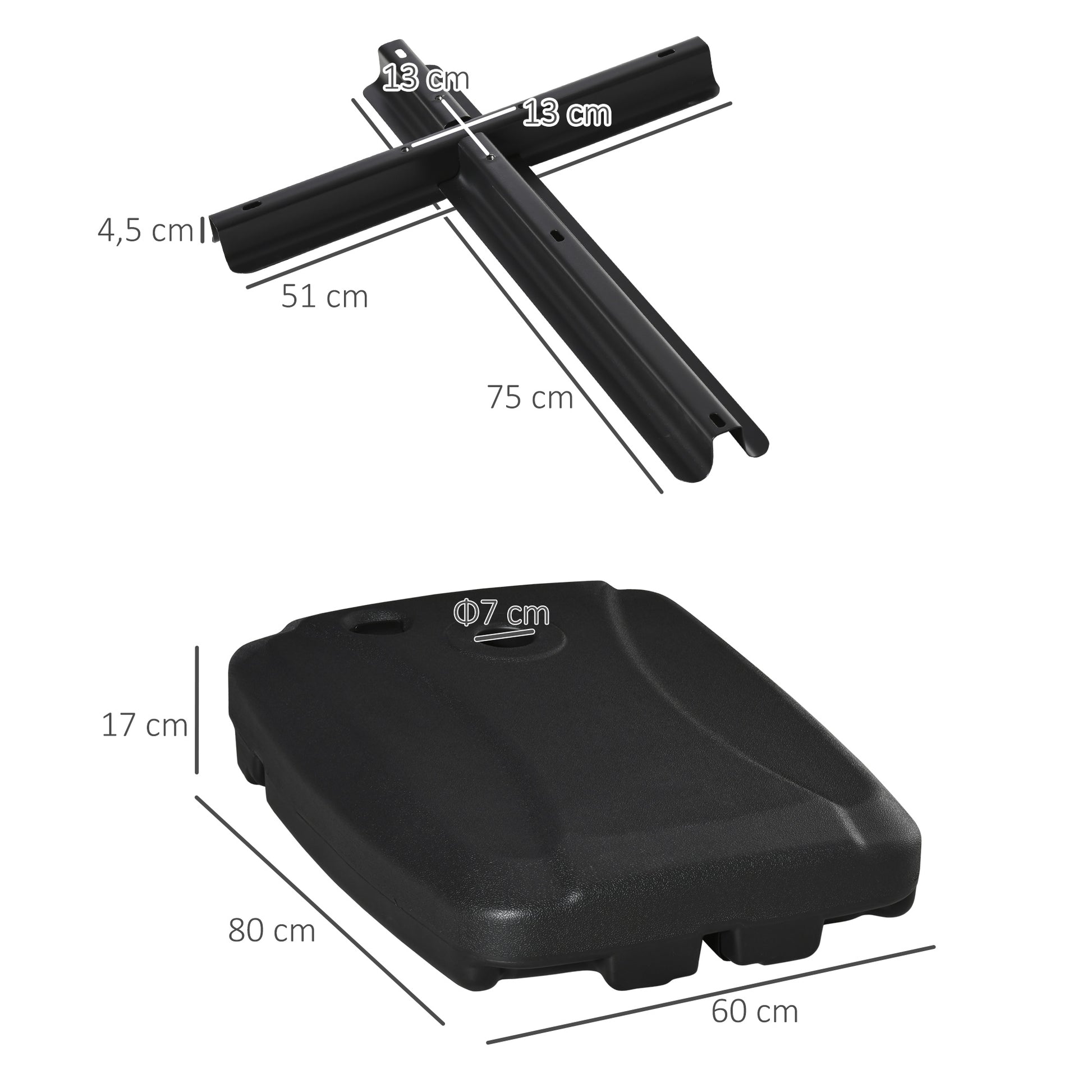 Outsunny Base de Sombrilla con 2 Ruedas Rellenable de Agua 60 kg Arena 68 kg o Mixto 75 kg Soporte de Parasol para Base Cruzada para Jardín Patio Terraza 80x60x17 cm Negro