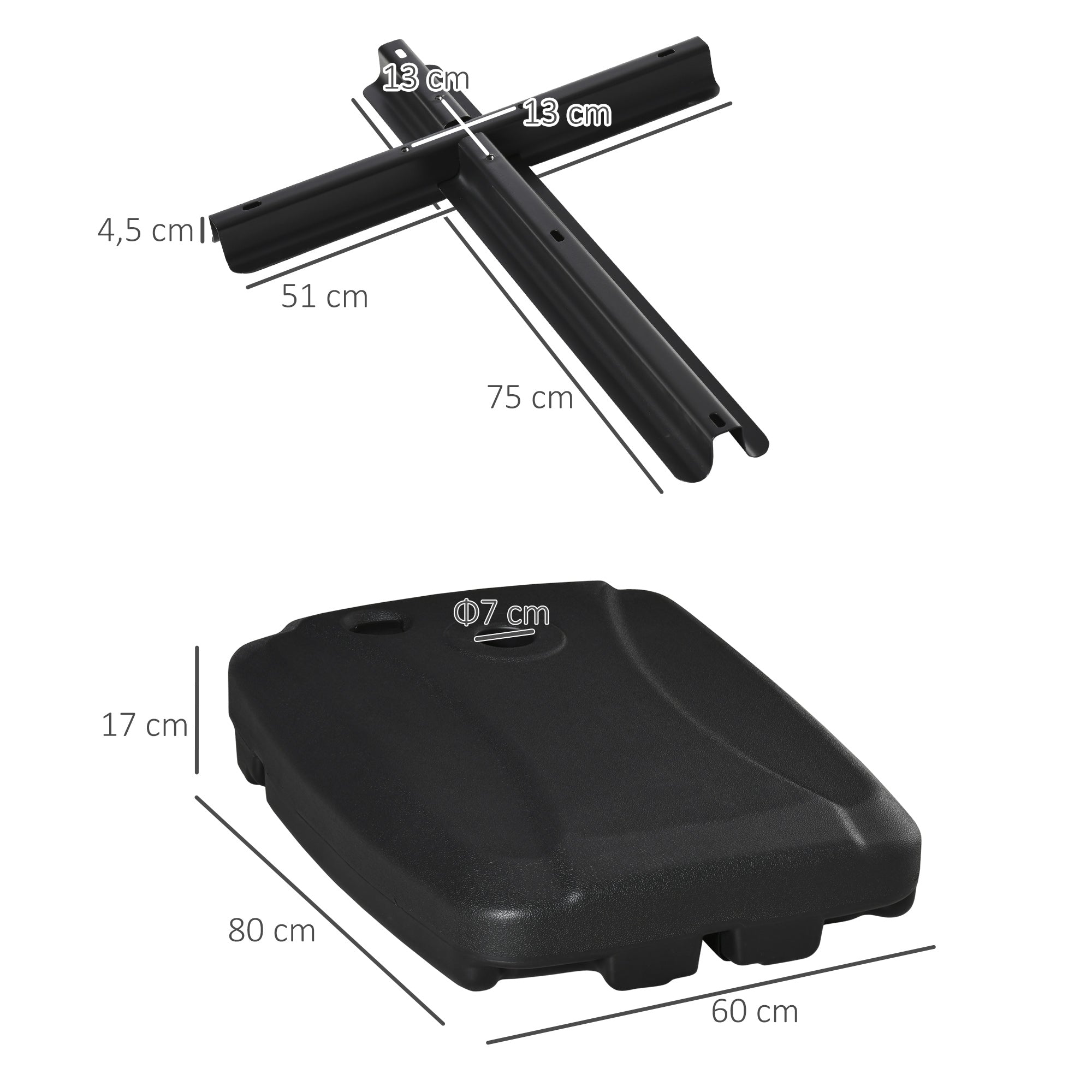 Outsunny Base de Sombrilla con 2 Ruedas Rellenable de Agua 60 kg Arena 68 kg o Mixto 75 kg Soporte de Parasol para Base Cruzada para Jardín Patio Terraza 80x60x17 cm Negro
