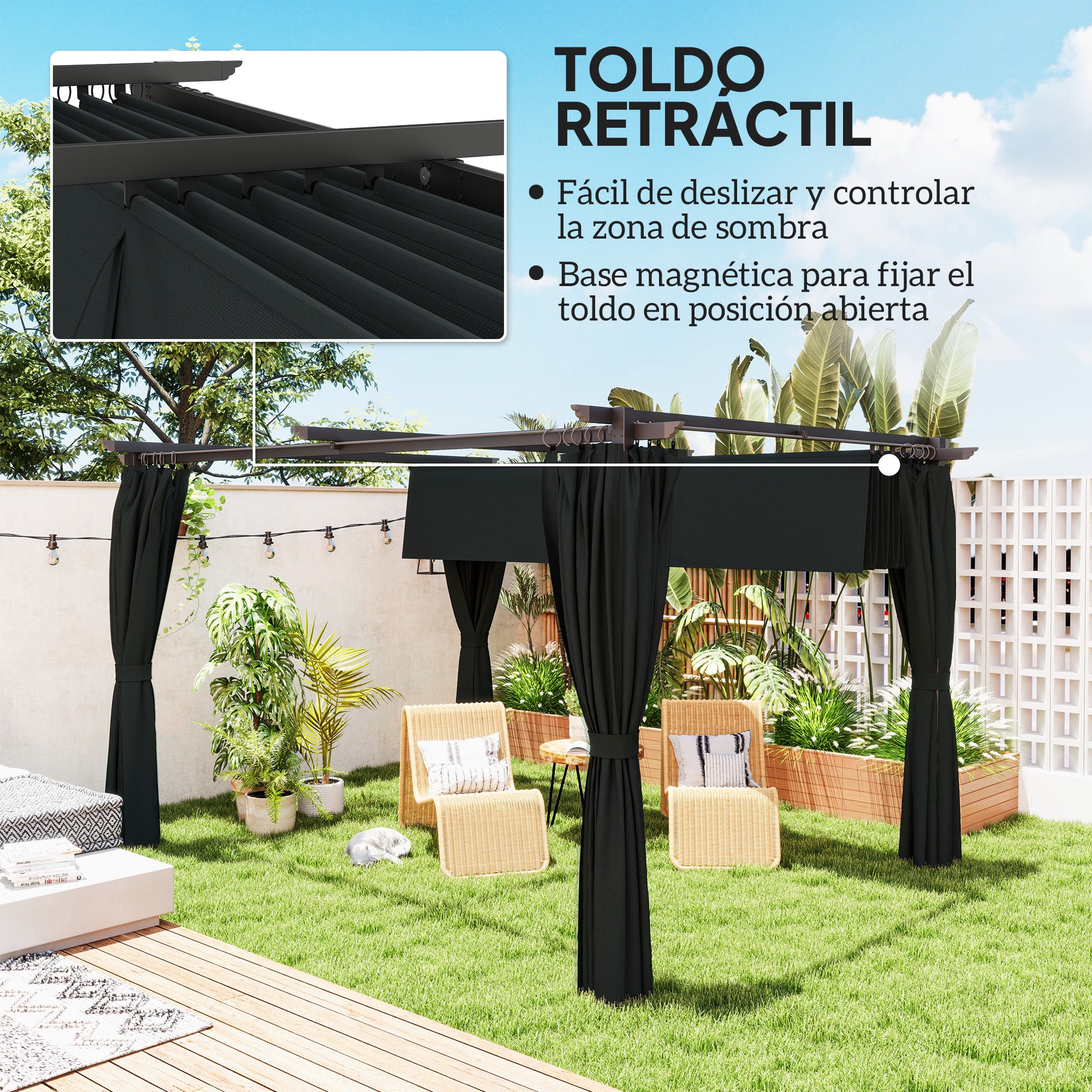 Outsunny Pérgola de Aluminio con Techo Retráctil Pérgola 4x3 m con Paredes Laterales Cenador con Tela de Poliéster Anti-UV Resistente al Agua Pabellón para Jardín Patio Terraza Gris Oscuro