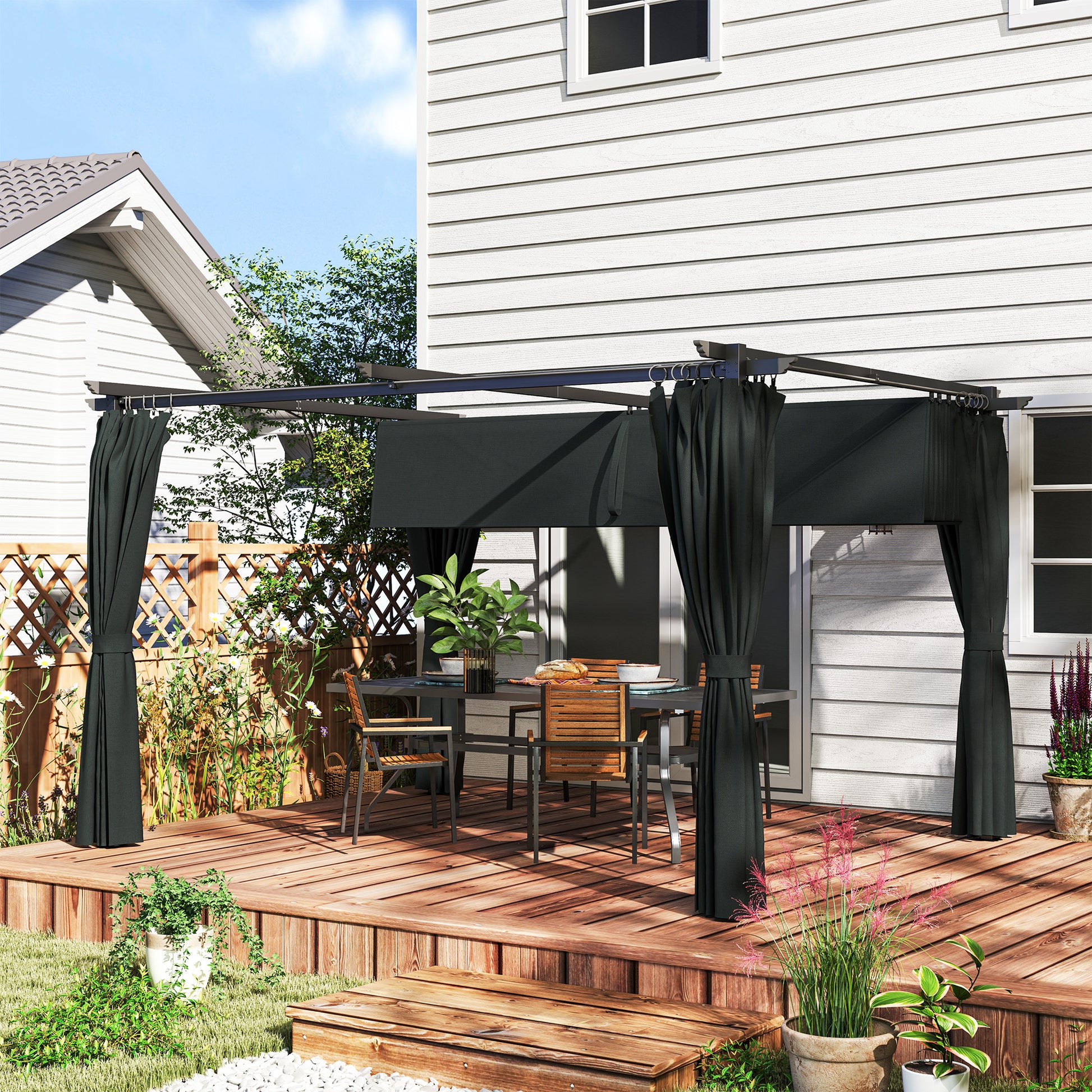 Outsunny Pérgola de Aluminio con Techo Retráctil Pérgola 4x3 m con Paredes Laterales Cenador con Tela de Poliéster Anti-UV Resistente al Agua Pabellón para Jardín Patio Terraza Gris Oscuro