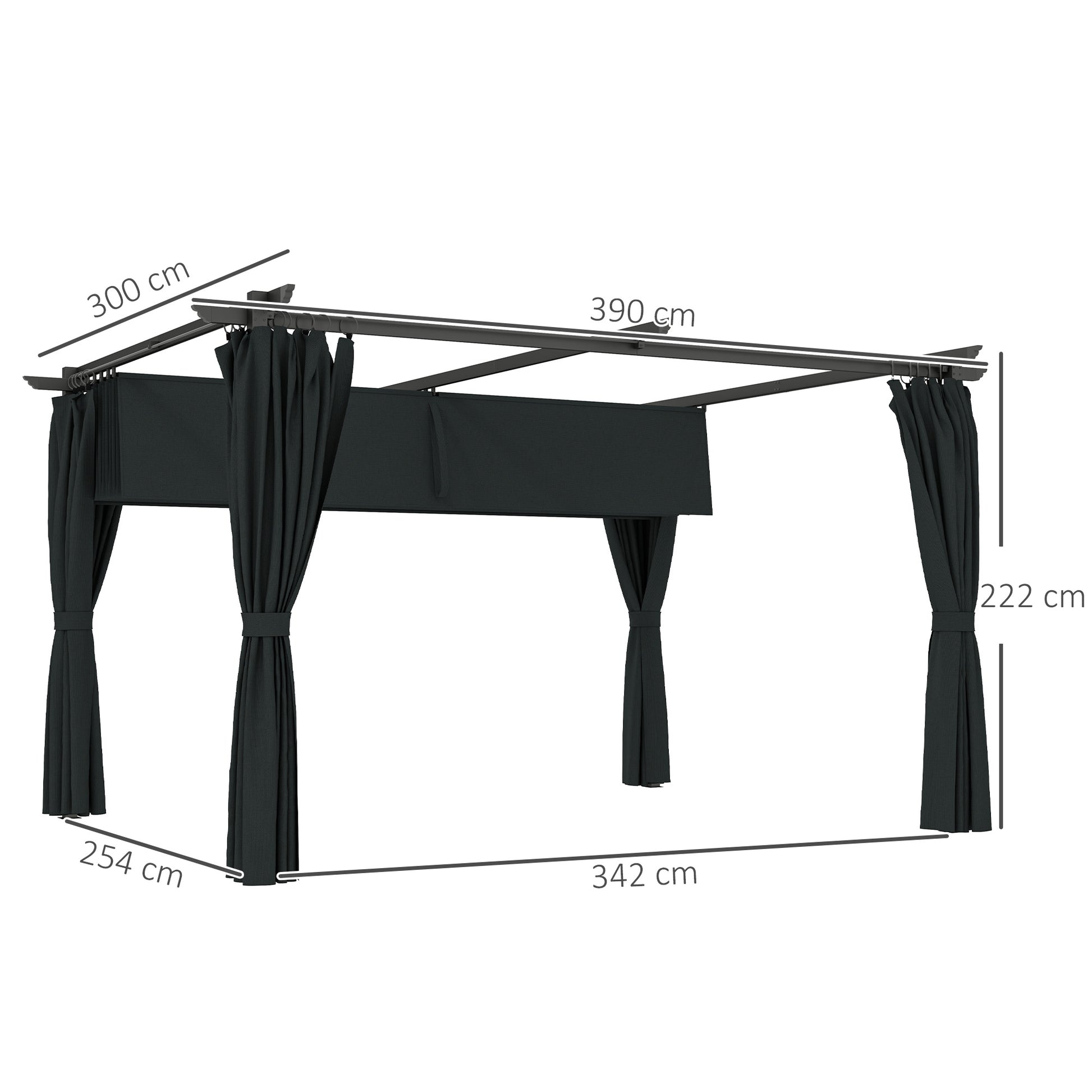 Outsunny Pérgola de Aluminio con Techo Retráctil Pérgola 4x3 m con Paredes Laterales Cenador con Tela de Poliéster Anti-UV Resistente al Agua Pabellón para Jardín Patio Terraza Gris Oscuro
