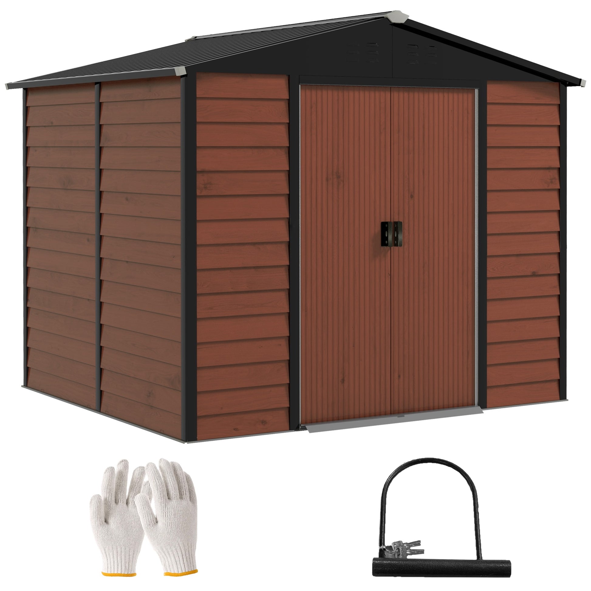 Outsunny Caseta de Jardín Exterior 4,4 m² 240x206x198 cm Cobertizo de Jardín Exterior Teca con Base Refuerzo (Suelo NO Incluido) Puerta Corredera y Cerradura Armario para Jardín Terraza Patio