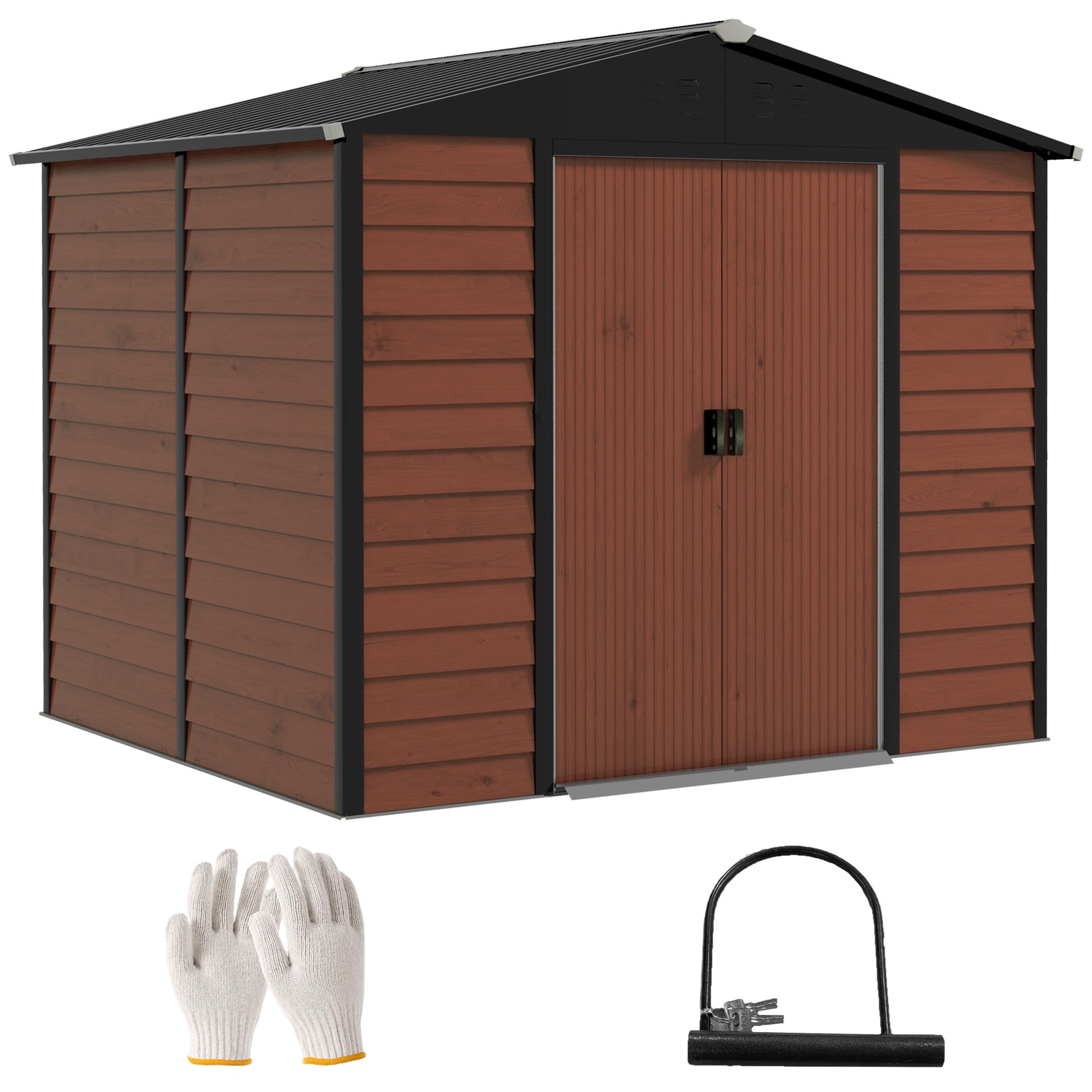 Outsunny Caseta de Jardín Exterior 4,4 m² 240x206x198 cm Cobertizo de Jardín Exterior Teca con Base Refuerzo (Suelo NO Incluido) Puerta Corredera y Cerradura Armario para Jardín Terraza Patio