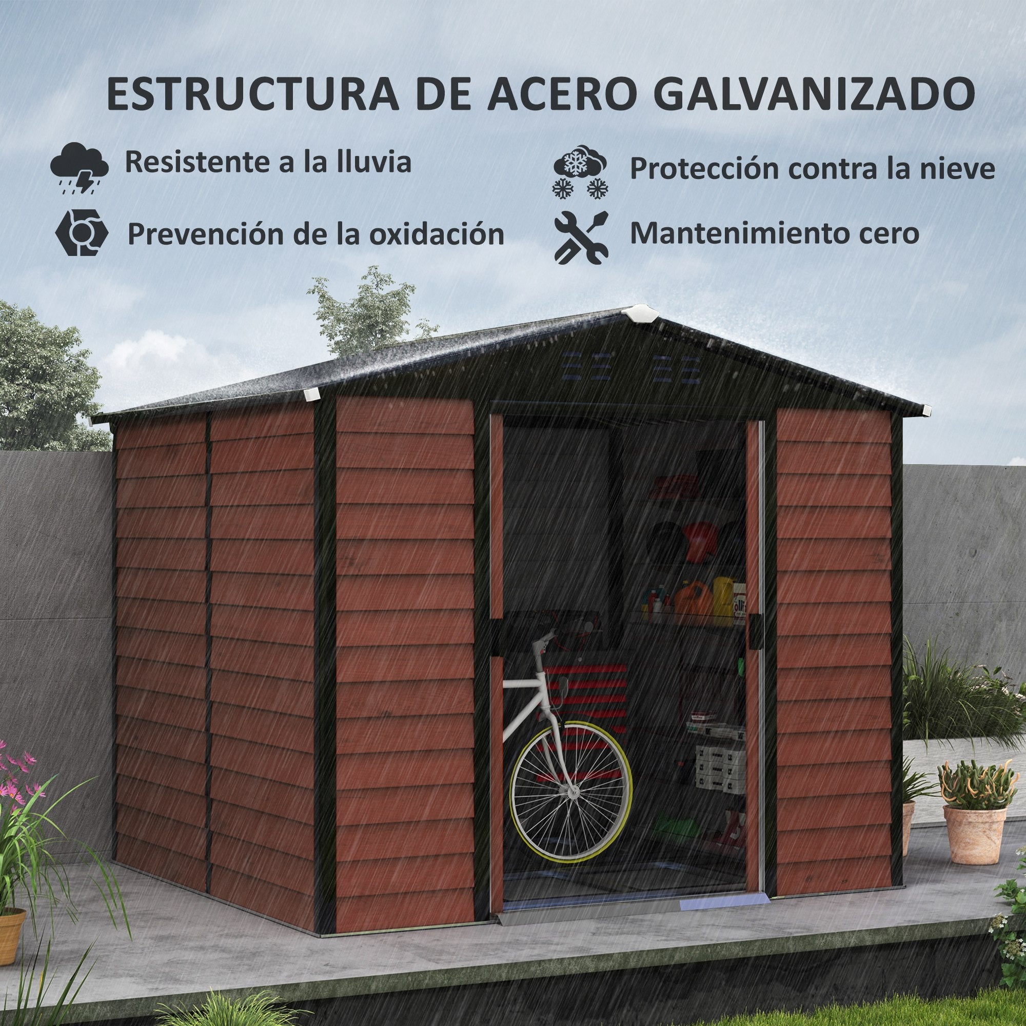 Outsunny Caseta de Jardín Exterior 4,4 m² 240x206x198 cm Cobertizo de Jardín Exterior Teca con Base Refuerzo (Suelo NO Incluido) Puerta Corredera y Cerradura Armario para Jardín Terraza Patio