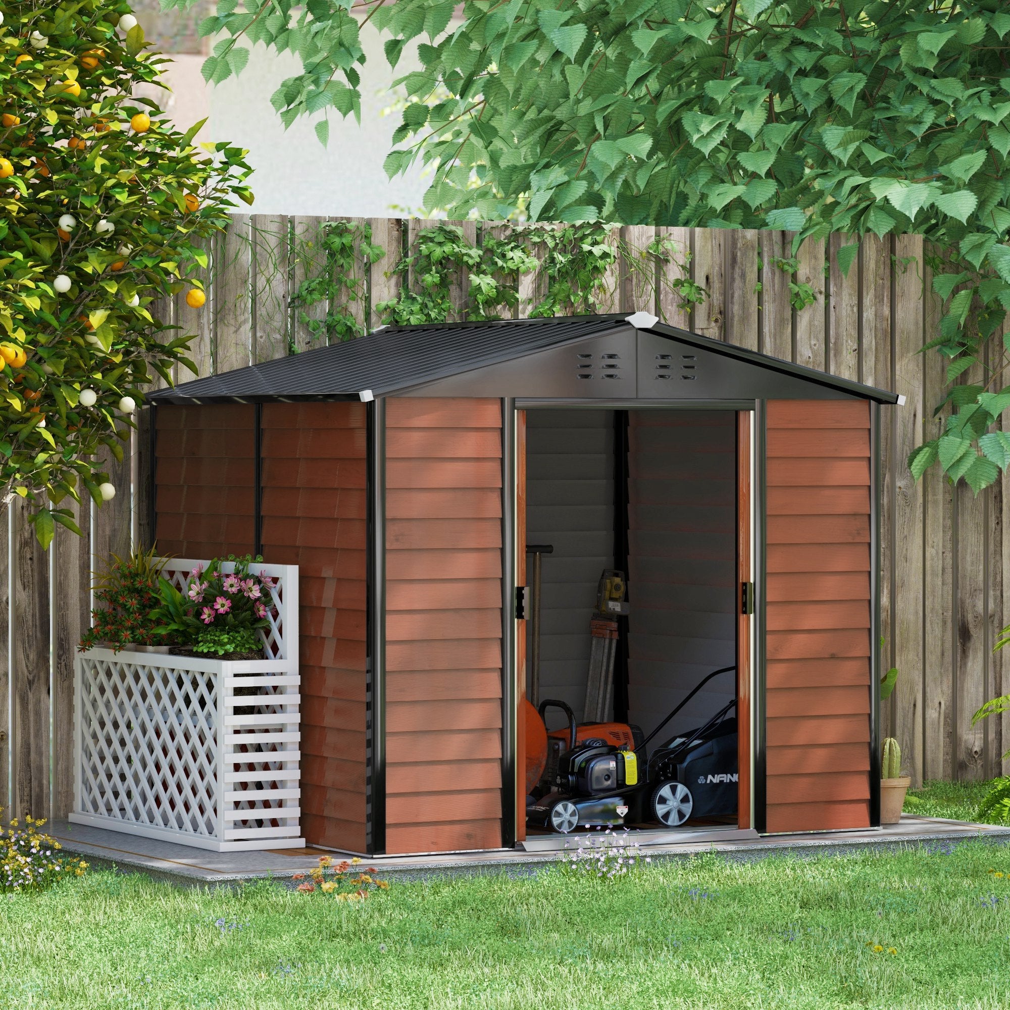 Outsunny Caseta de Jardín Exterior 4,4 m² 240x206x198 cm Cobertizo de Jardín Exterior Teca con Base Refuerzo (Suelo NO Incluido) Puerta Corredera y Cerradura Armario para Jardín Terraza Patio
