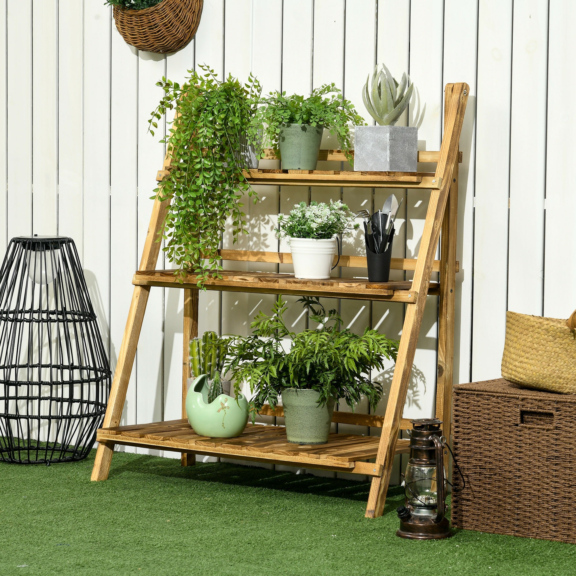 Outsunny Soporte para Plantas de Madera de 3 Niveles Estantería para Plantas Plegable Soporte para Macetas para Interior y Exterior Terraza Jardín Balcón 80x37x93 cm Natural