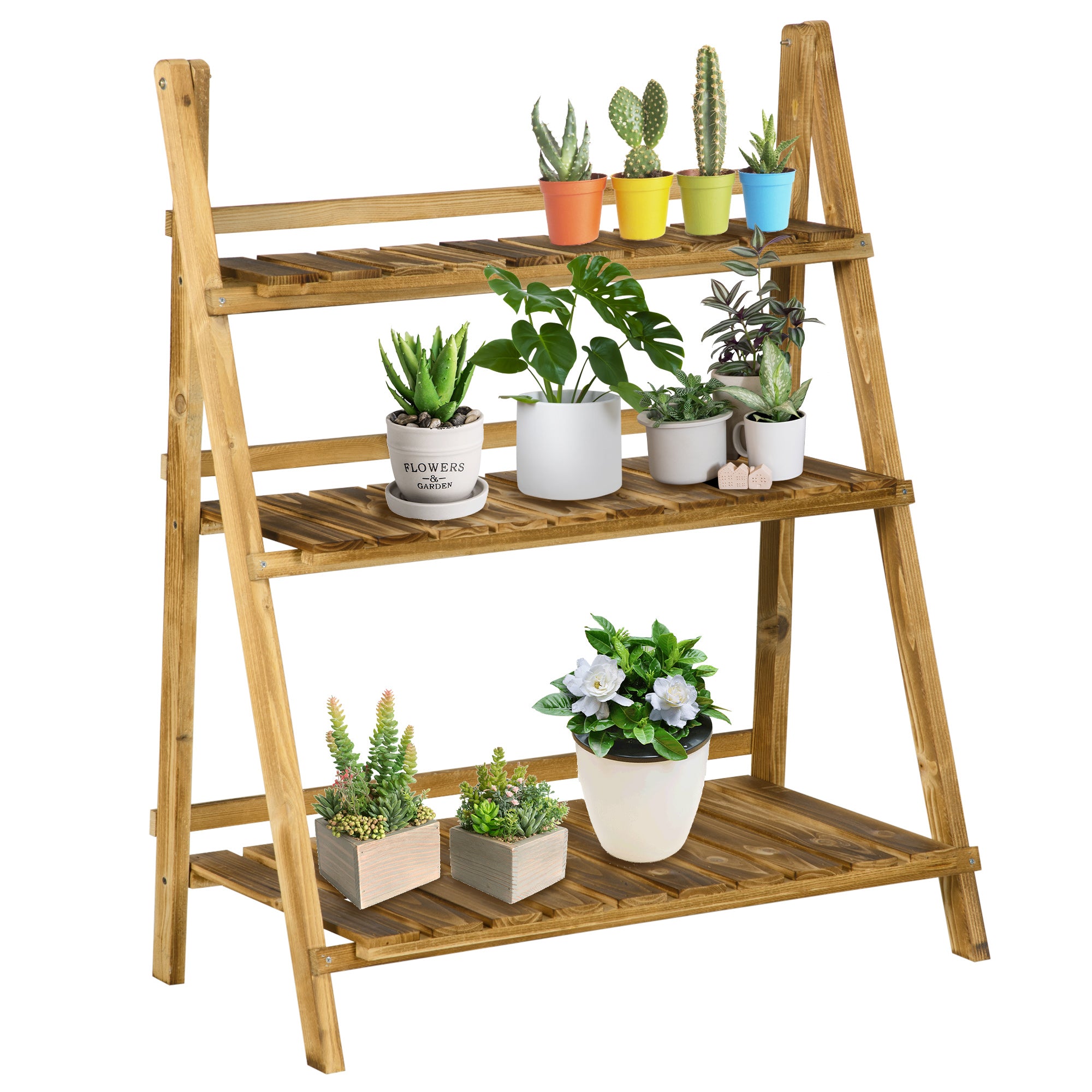 Outsunny Soporte para Plantas de Madera de 3 Niveles Estantería para Plantas Plegable Soporte para Macetas para Interior y Exterior Terraza Jardín Balcón 80x37x93 cm Natural