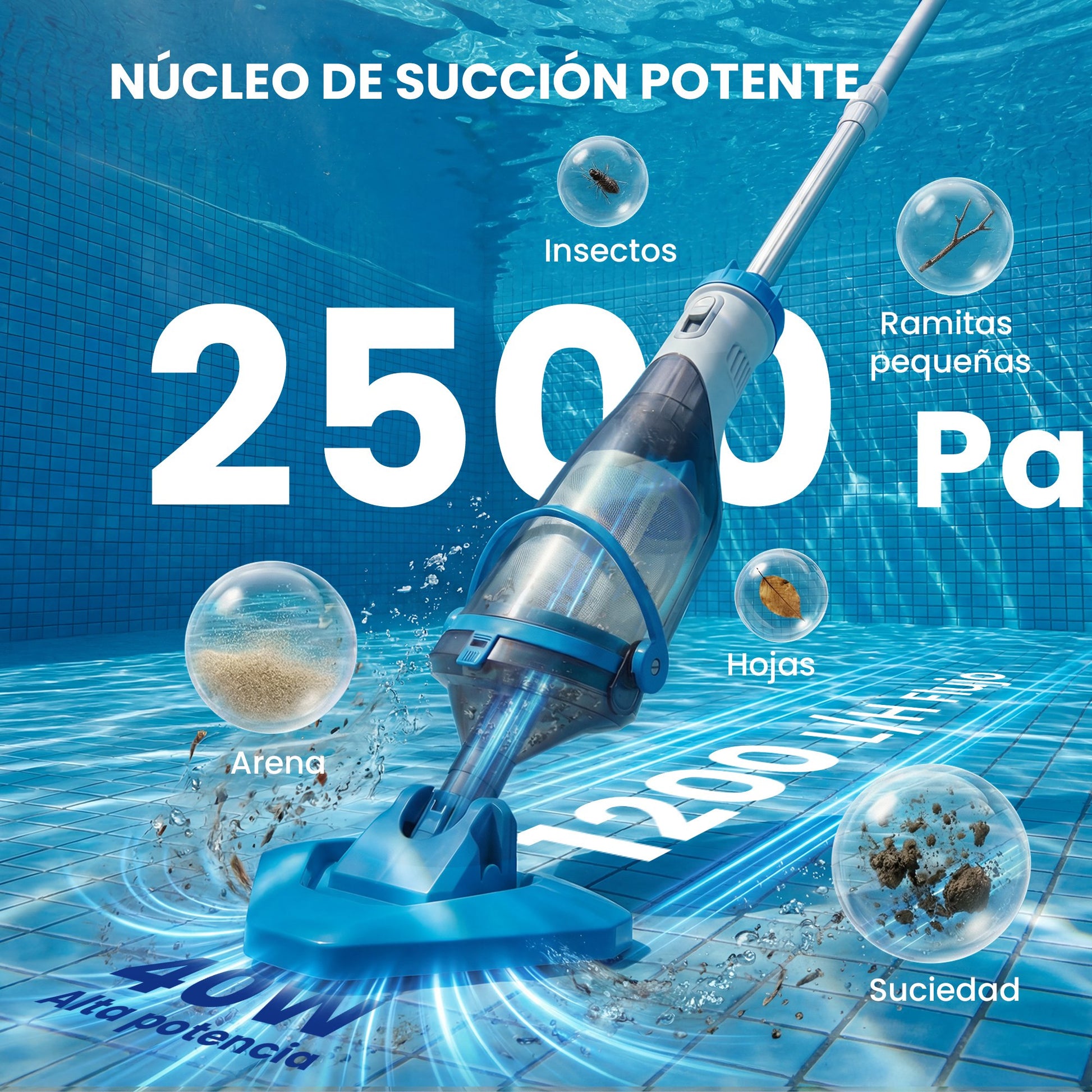 Outsunny Limpiafondos de Piscina a Batería, Aspirador de Piscina Inalámbrica con Cepillo, Mango Telescópico 63-150 cm, Aspiradora Manual para Piscinas Pequeñas, Estanques, 60 Minutos Limpieza, Azul