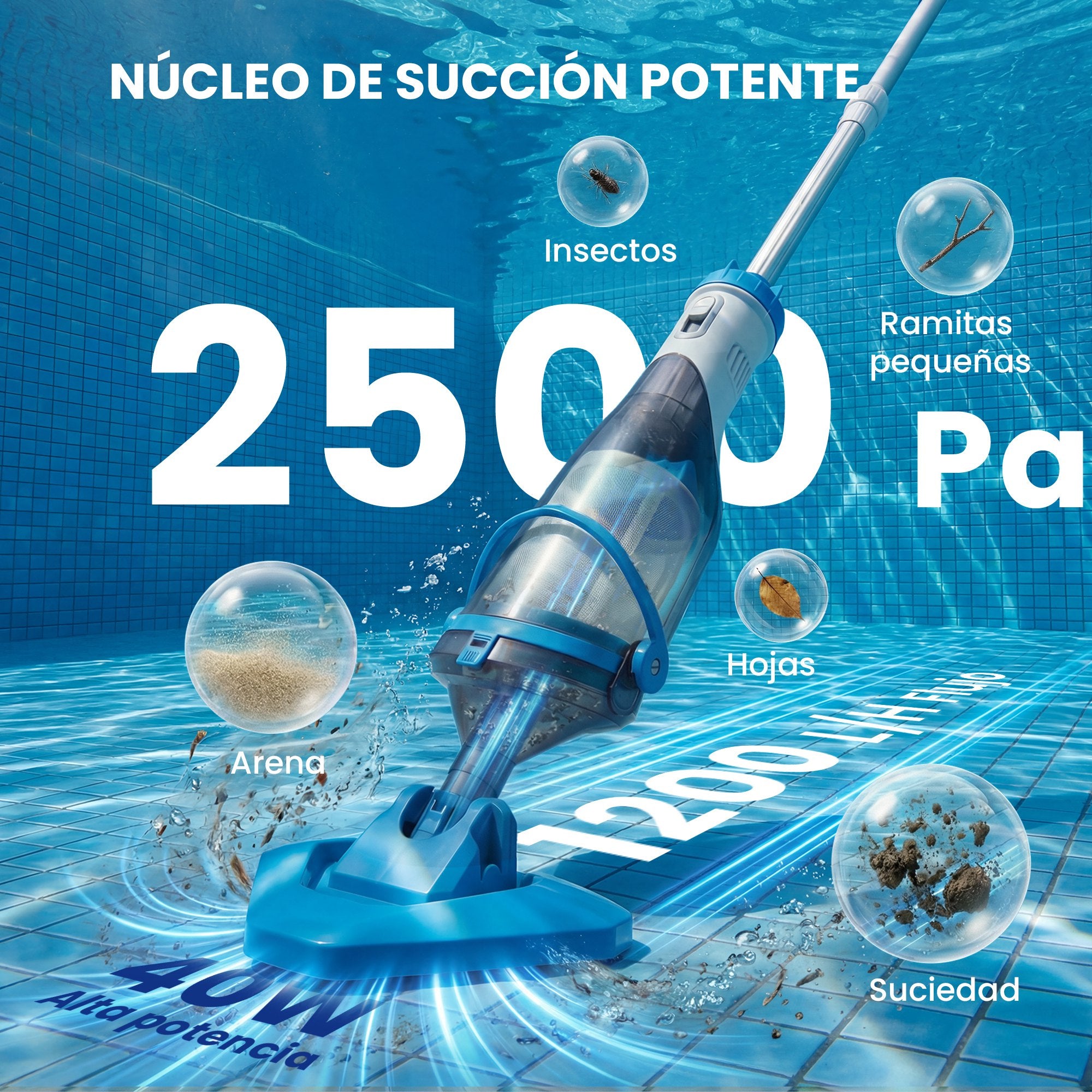Outsunny Limpiafondos de Piscina a Batería, Aspirador de Piscina Inalámbrica con Cepillo, Mango Telescópico 63-150 cm, Aspiradora Manual para Piscinas Pequeñas, Estanques, 60 Minutos Limpieza, Azul