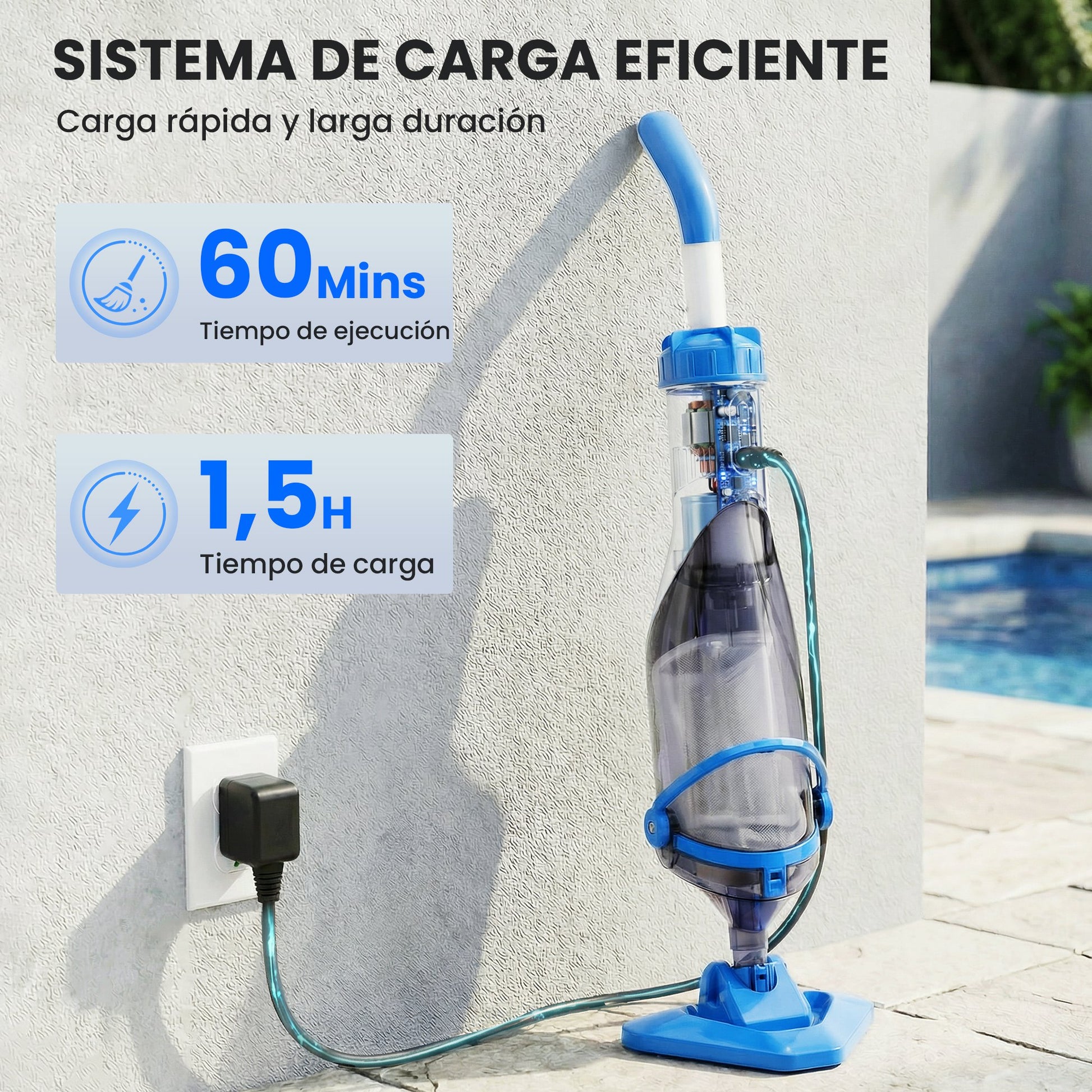 Outsunny Limpiafondos de Piscina a Batería, Aspirador de Piscina Inalámbrica con Cepillo, Mango Telescópico 63-150 cm, Aspiradora Manual para Piscinas Pequeñas, Estanques, 60 Minutos Limpieza, Azul