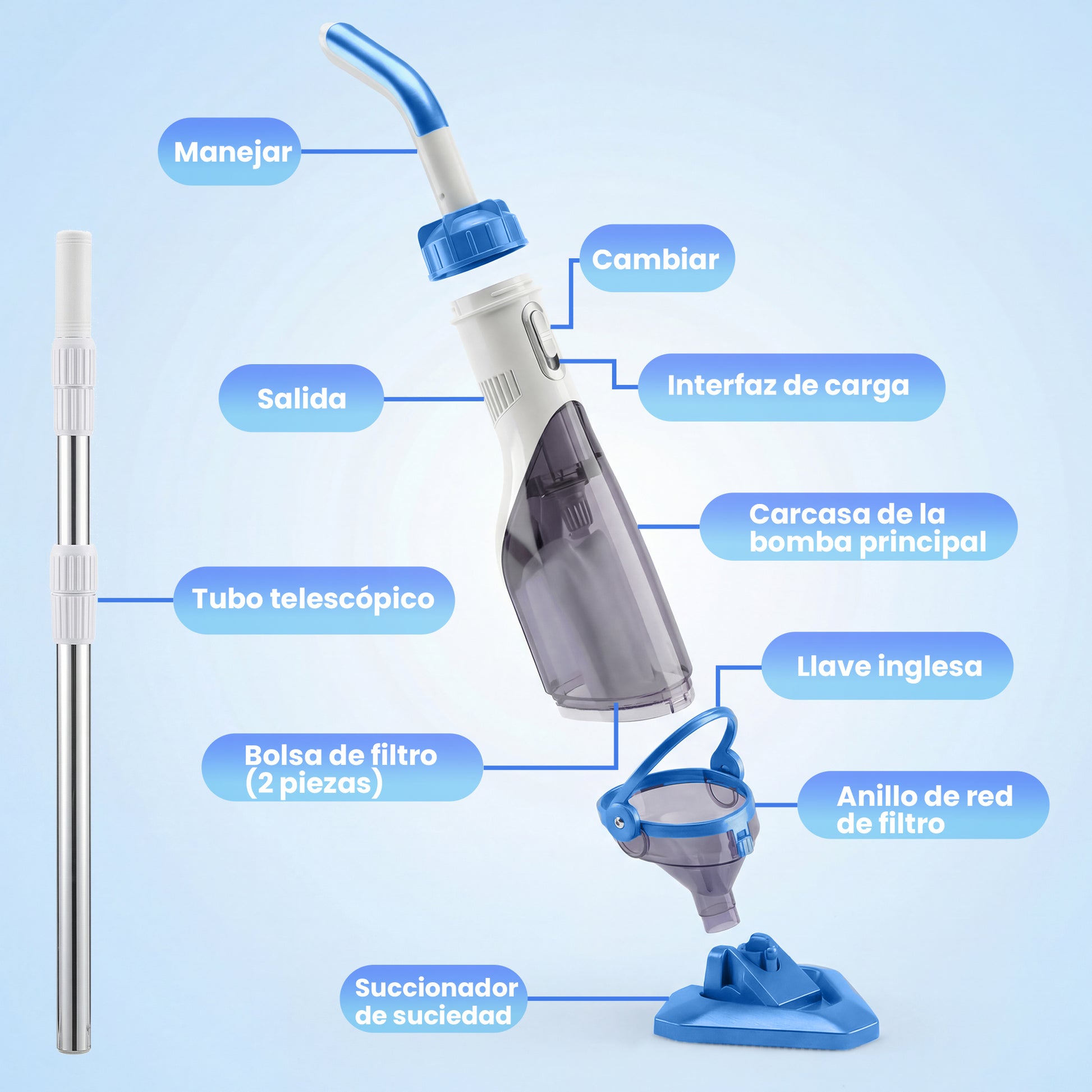 Outsunny Limpiafondos de Piscina a Batería, Aspirador de Piscina Inalámbrica con Cepillo, Mango Telescópico 63-150 cm, Aspiradora Manual para Piscinas Pequeñas, Estanques, 60 Minutos Limpieza, Azul