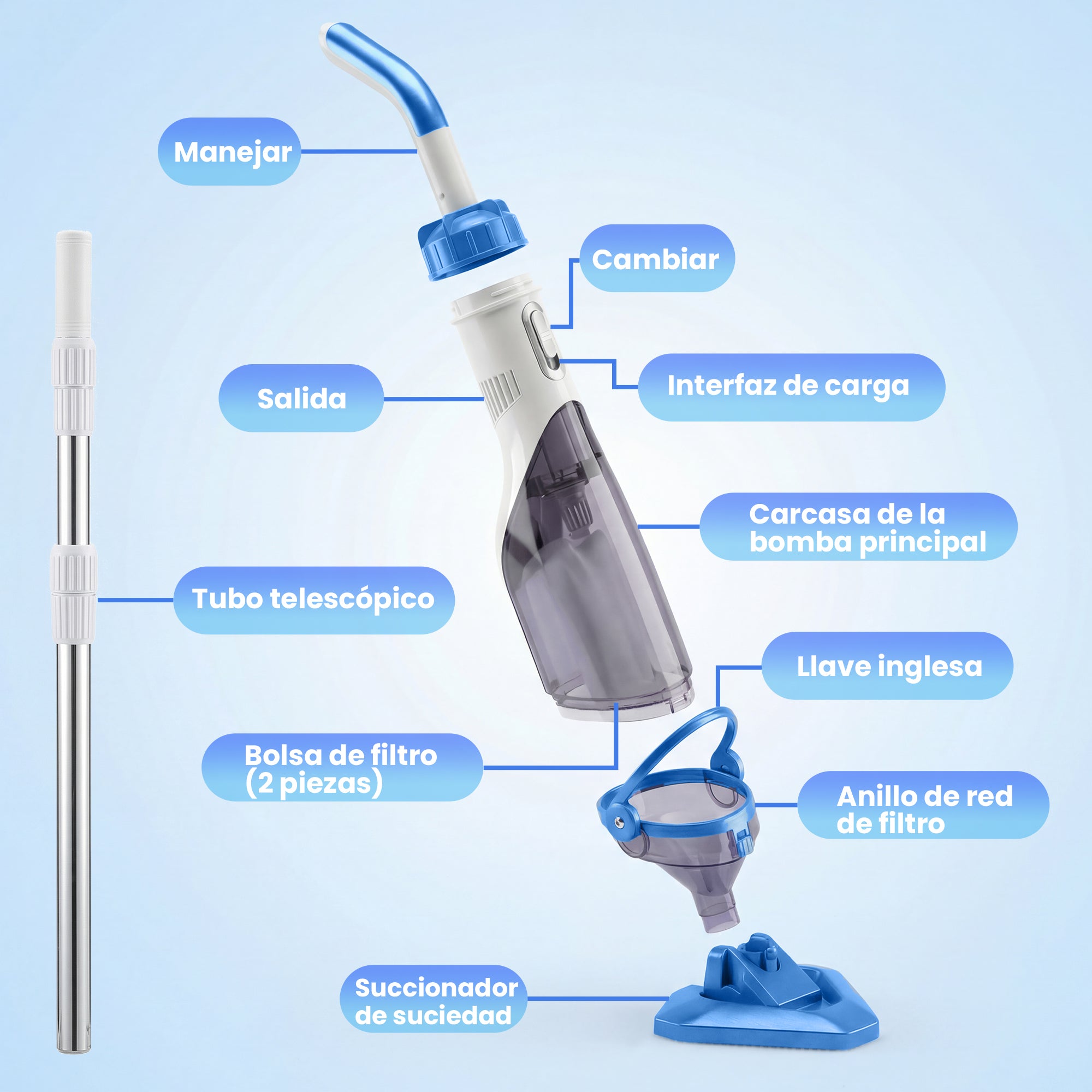 Outsunny Limpiafondos de Piscina a Batería, Aspirador de Piscina Inalámbrica con Cepillo, Mango Telescópico 63-150 cm, Aspiradora Manual para Piscinas Pequeñas, Estanques, 60 Minutos Limpieza, Azul