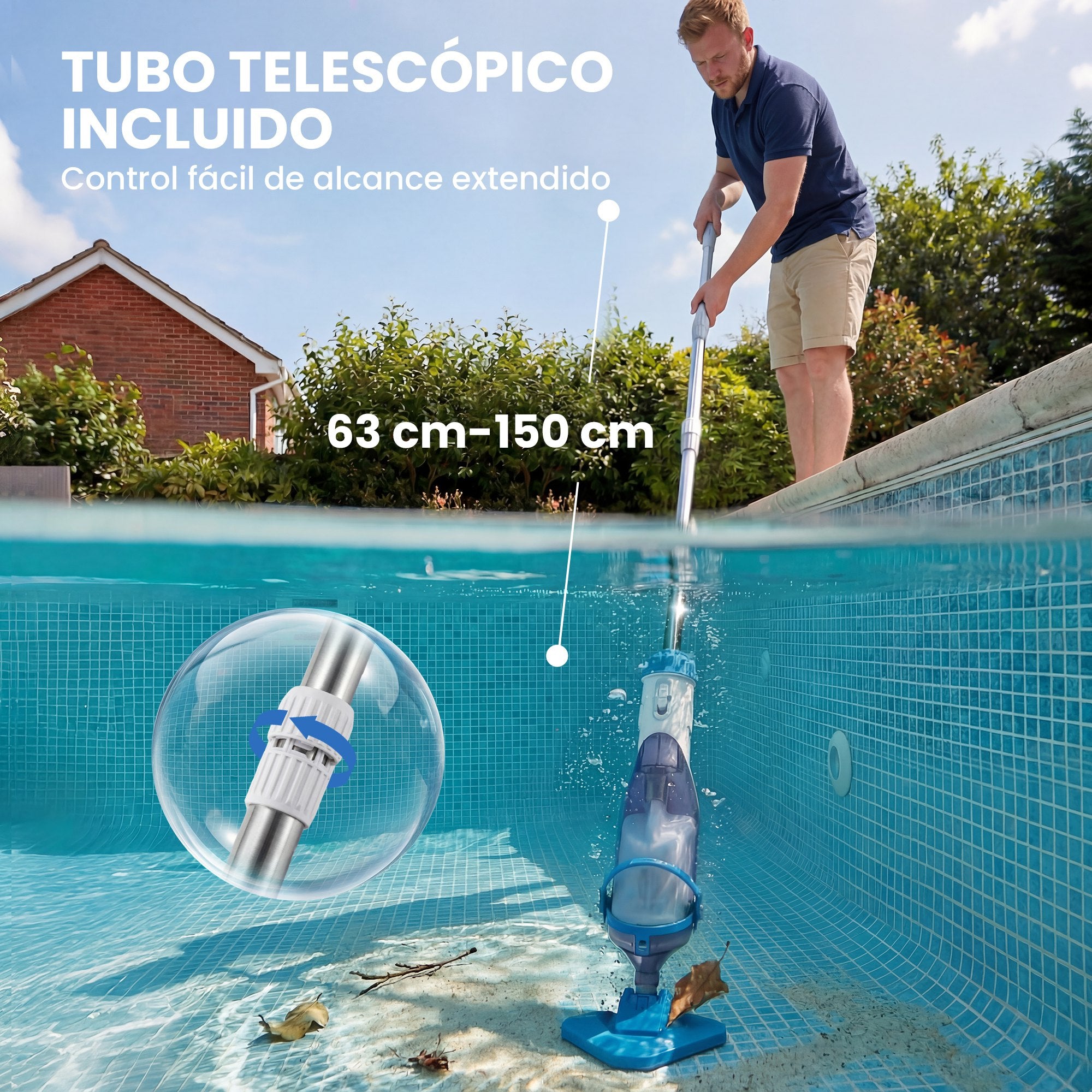 Outsunny Limpiafondos de Piscina a Batería, Aspirador de Piscina Inalámbrica con Cepillo, Mango Telescópico 63-150 cm, Aspiradora Manual para Piscinas Pequeñas, Estanques, 60 Minutos Limpieza, Azul