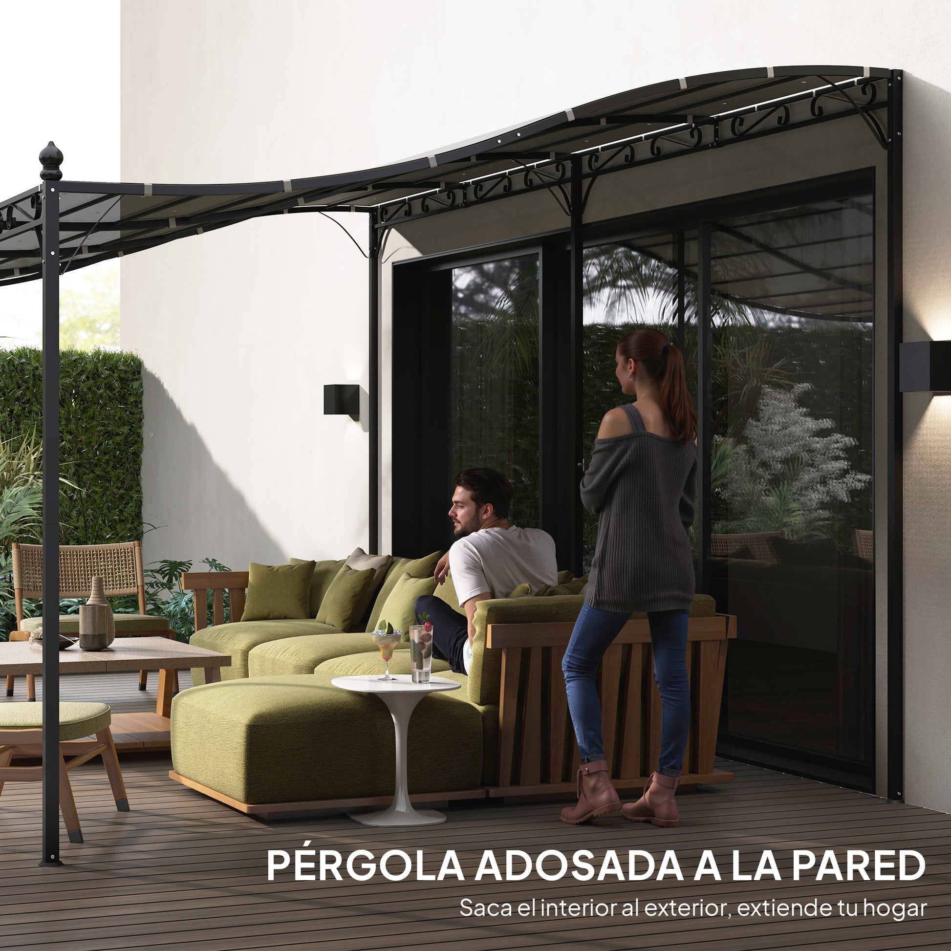 Outsunny Pérgola de Pared de Jardín 3x6 m, Cenador de Jardín con Techo Inclinado, Orificios de Drenaje y Estructura Metálica, Resistente a la Intemperie, para Patio, Terraza, Balcón, Gris Oscuro